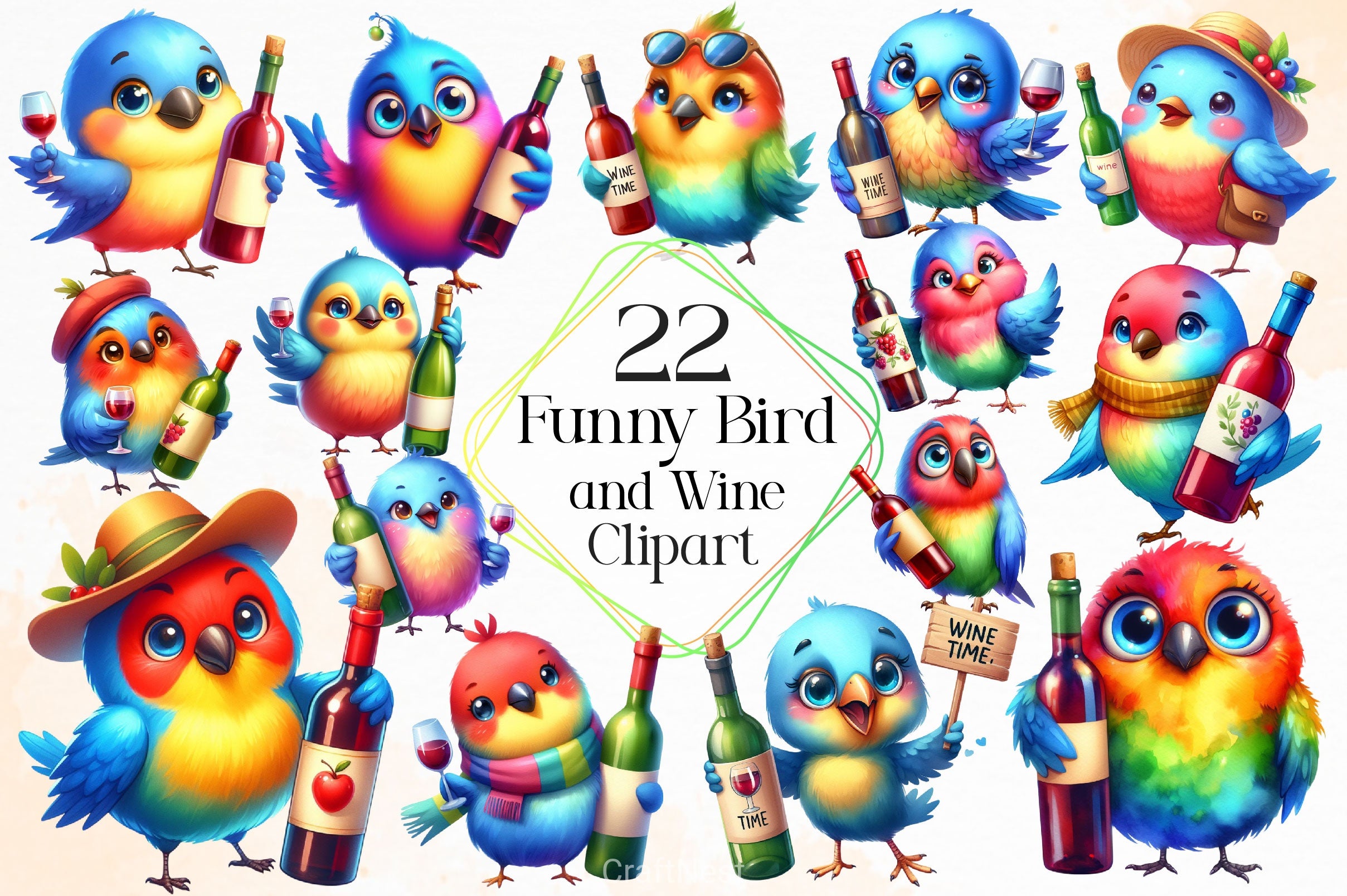Funny Bird And Wine Clipart Bundle - CraftNest - Digital Crafting and Art