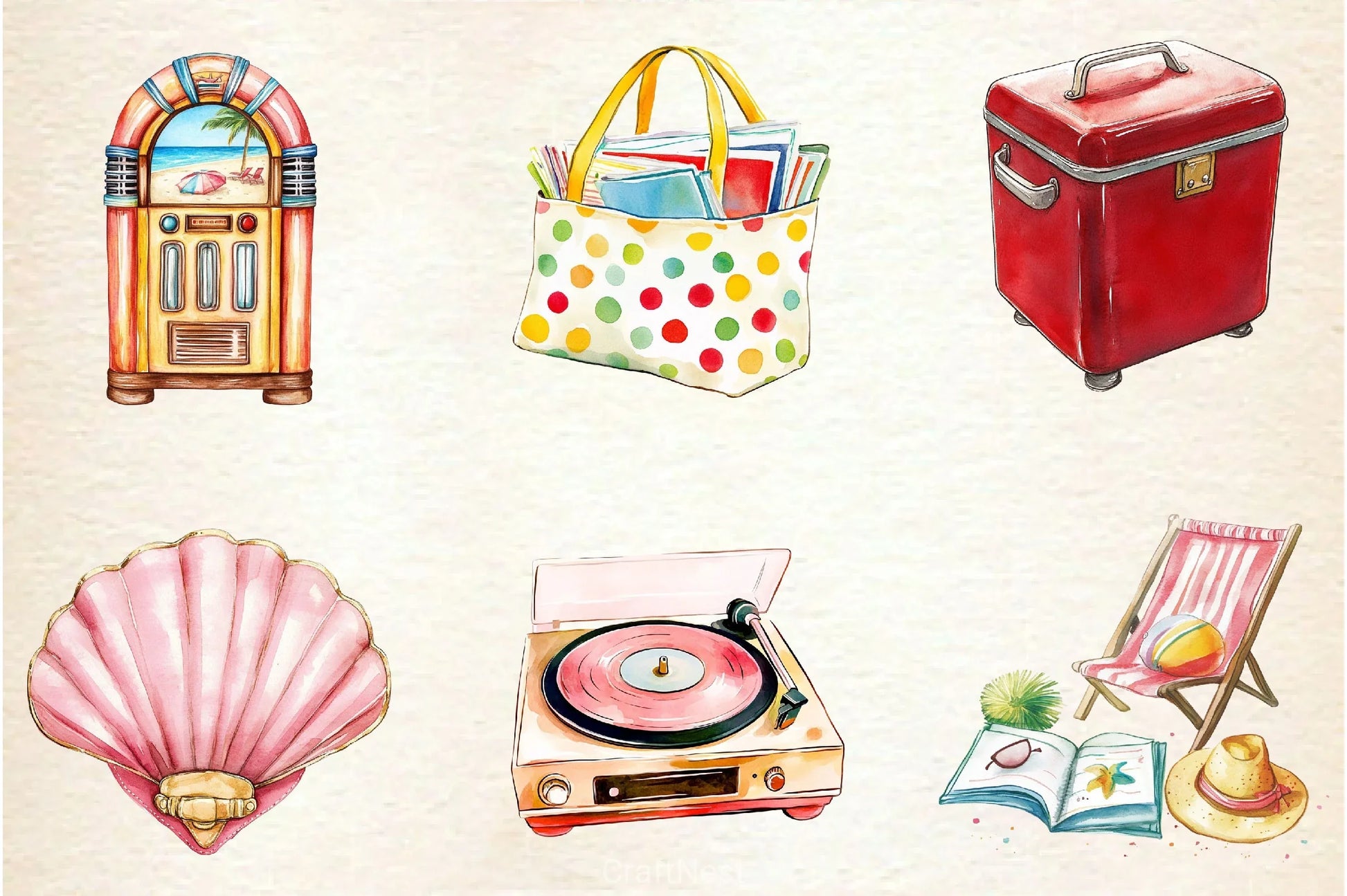 1950s Style Beach Day Clipart Bundle - CraftNest - Digital Crafting and Art