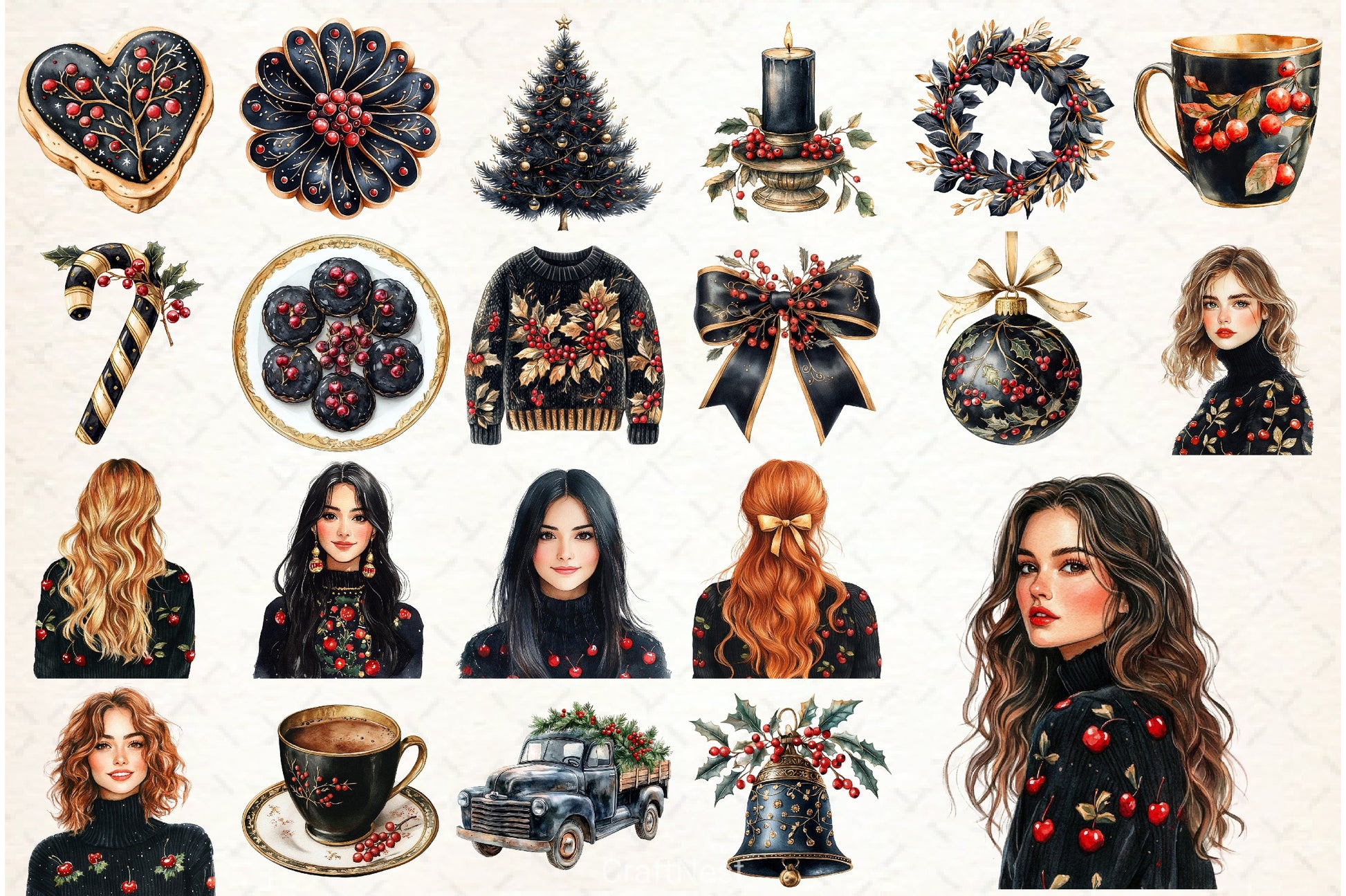 Midnight Cherry Christmas Clipart Bundle - CraftNest - Digital Crafting and Art