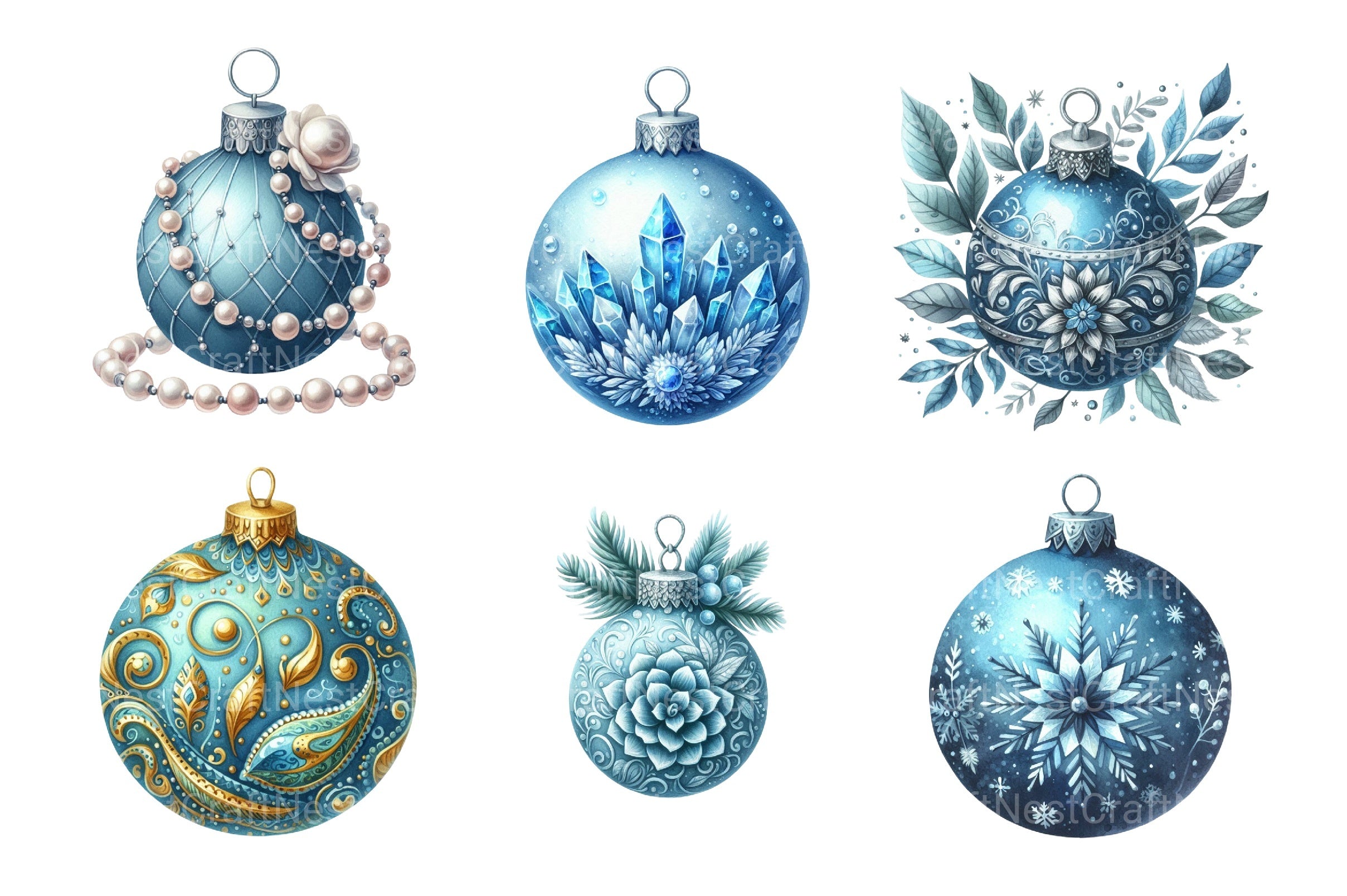 Blue Baubles Christmas Tree Ornaments Clipart Bundle - 15 High-Quality Festive Graphics - CraftNest - Digital Crafting and Art