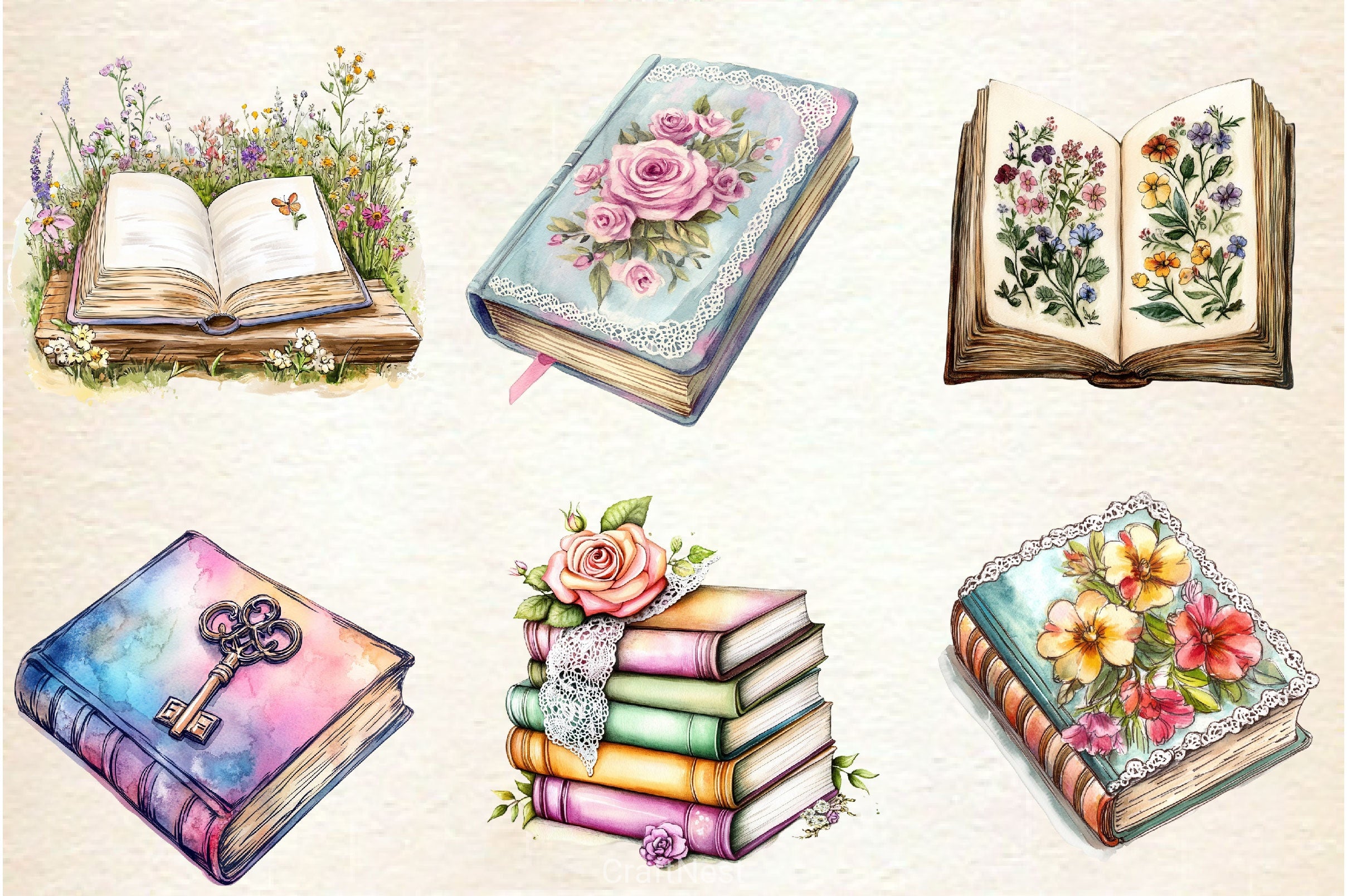 Pastel Cottage Shabby Chic Books Clipart Bundle - CraftNest - Digital Crafting and Art
