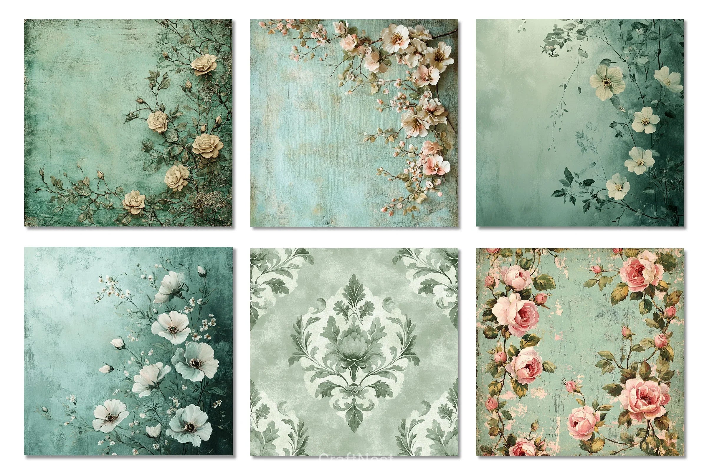 Mint Green Shabby Chic Floral Background Clipart Bundle - CraftNest - Digital Crafting and Art