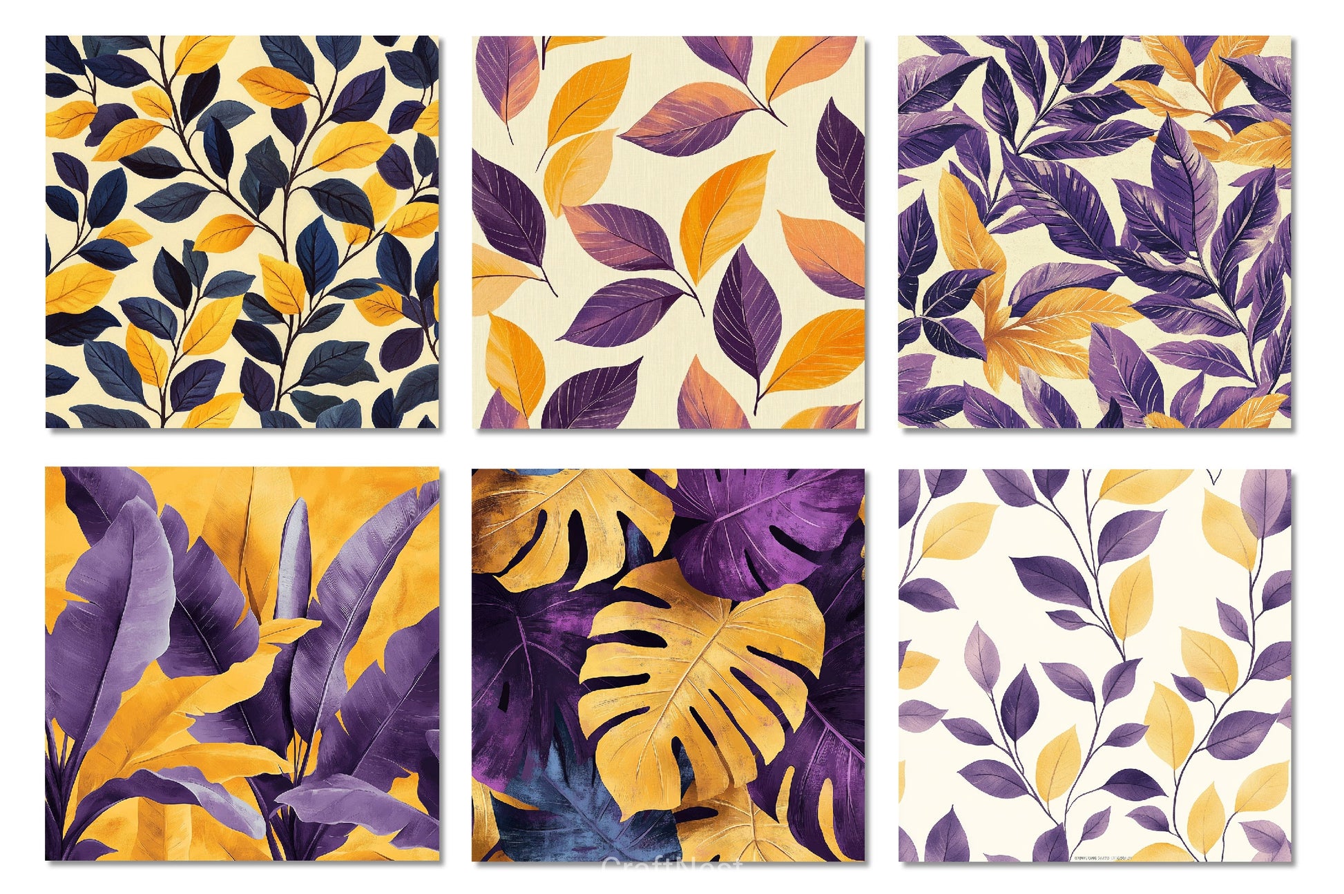 Yellow Purple Boho Leaves Digital Papers - CraftNest - Digital Crafting and Art