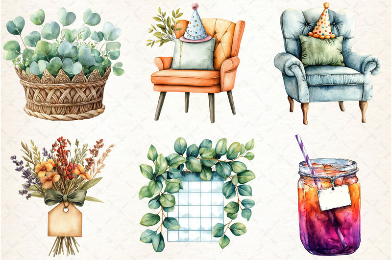 Boho Sage Green Birthday Clipart Bundle - CraftNest - Digital Crafting and Art