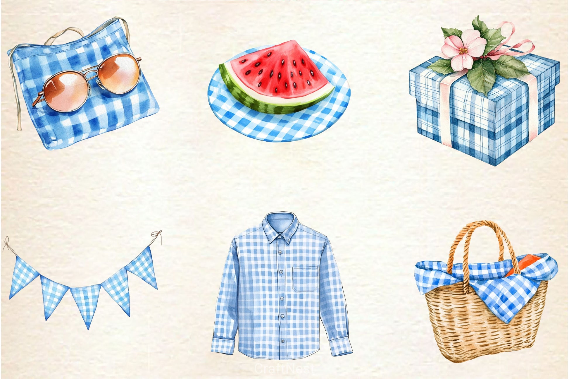 Blue Gingham Summer Clipart Bundle - CraftNest - Digital Crafting and Art