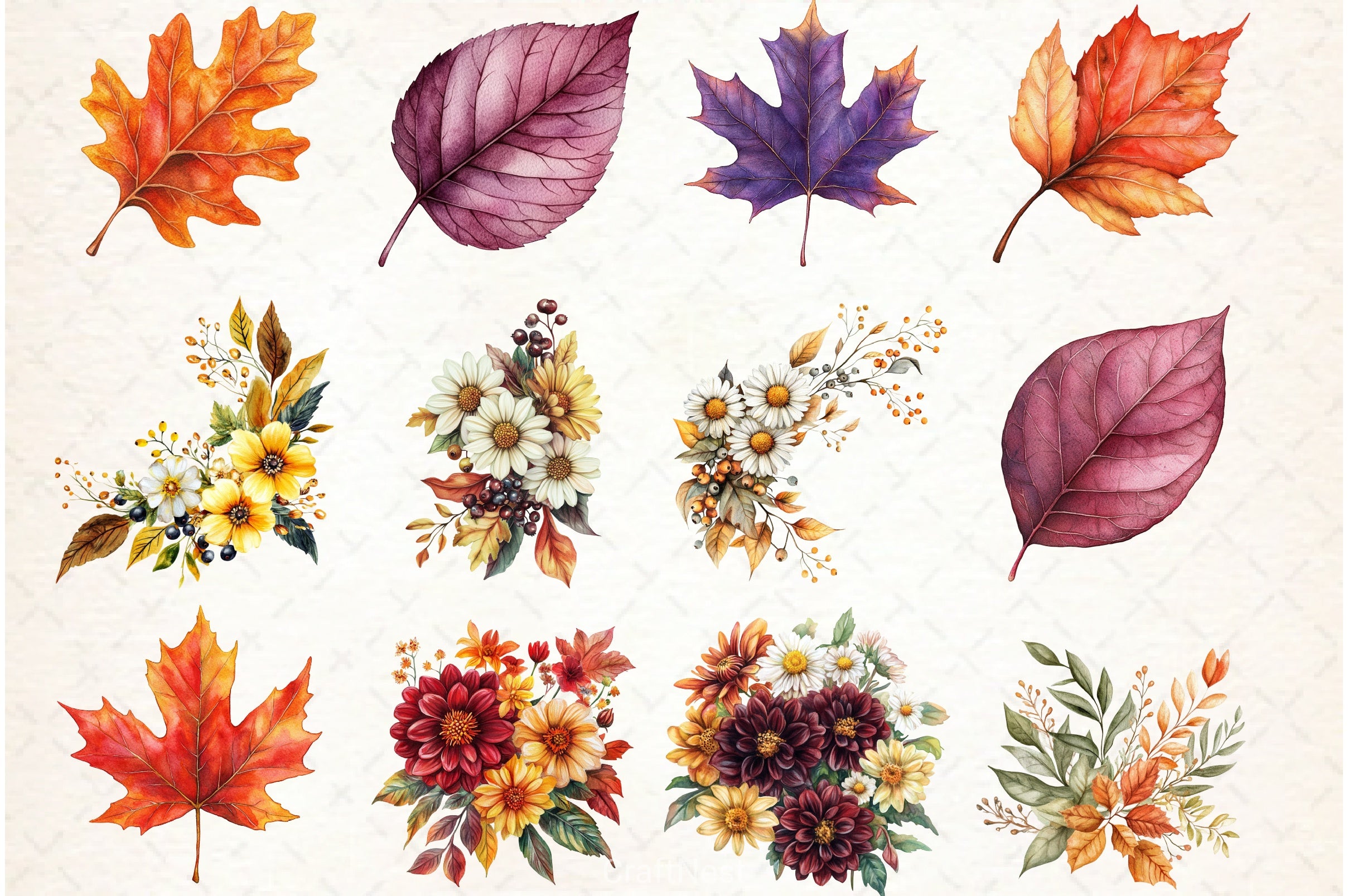 Burgundy Autumn Leaves & Flowers Clipart Bundle - CraftNest - Digital Crafting and Art
