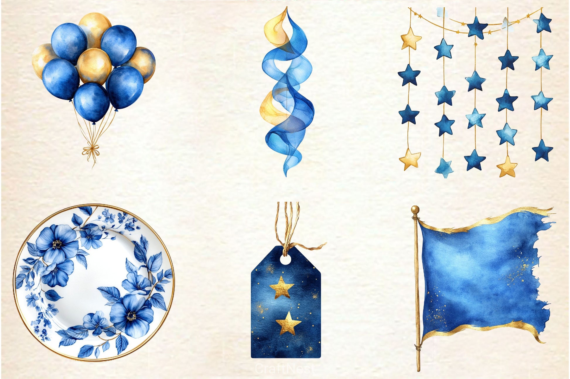Blue And Gold Party Decorations Clipart Bundle - CraftNest - Digital Crafting and Art