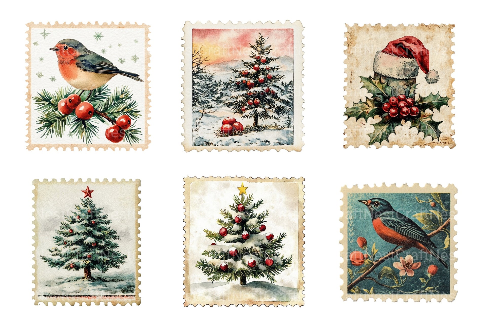 Vintage Christmas Stamps: Retro Santa, Snowman, Tree Clipart Bundle 98 - CraftNest - Digital Crafting and Art
