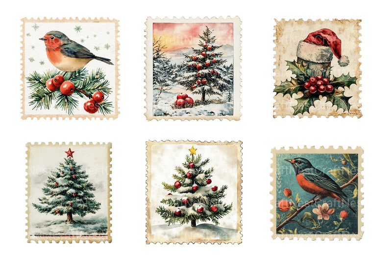 Vintage Christmas Stamps: Retro Santa, Snowman, Tree Clipart Bundle 98 - CraftNest - Digital Crafting and Art