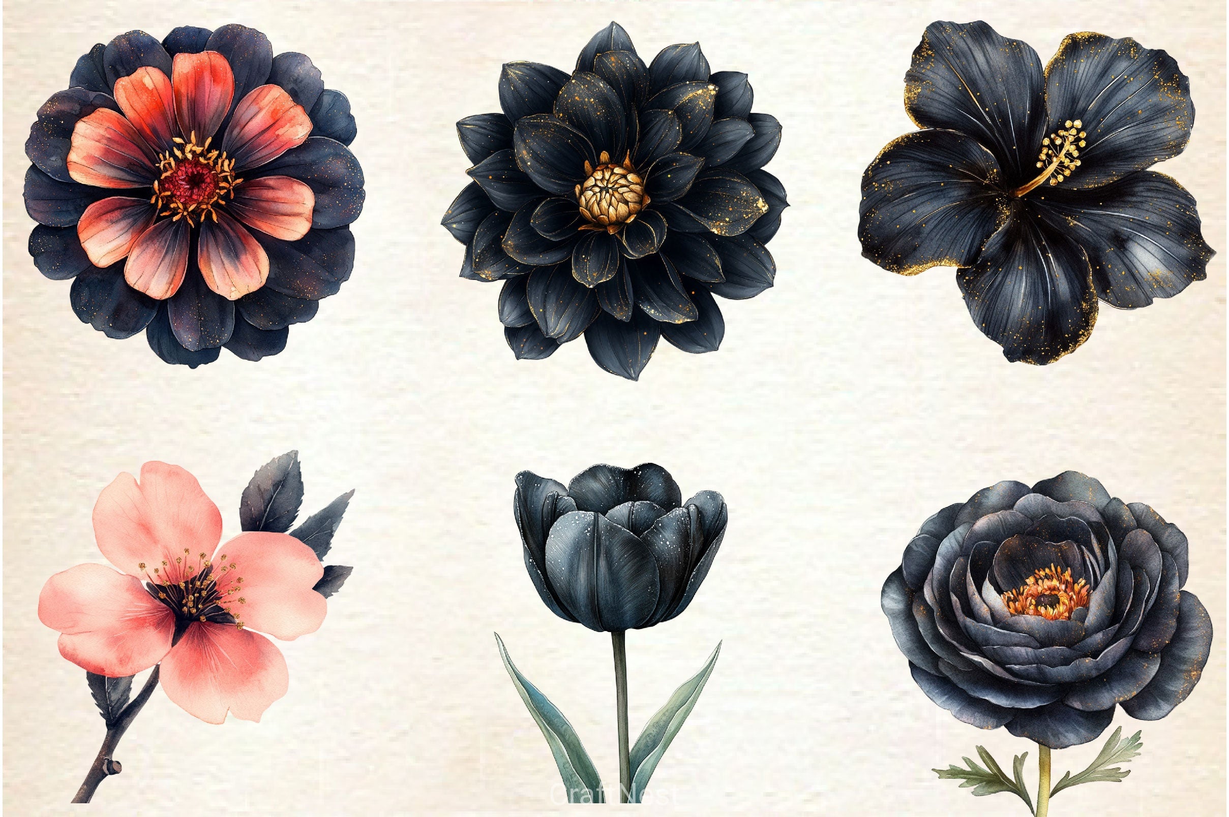Glitter Luxury Black Spring Flower Clipart Bundle 2 - CraftNest - Digital Crafting and Art