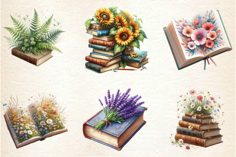 Old Books With Flowers Clipart Bundle 2 - CraftNest - Digital Crafting and Art