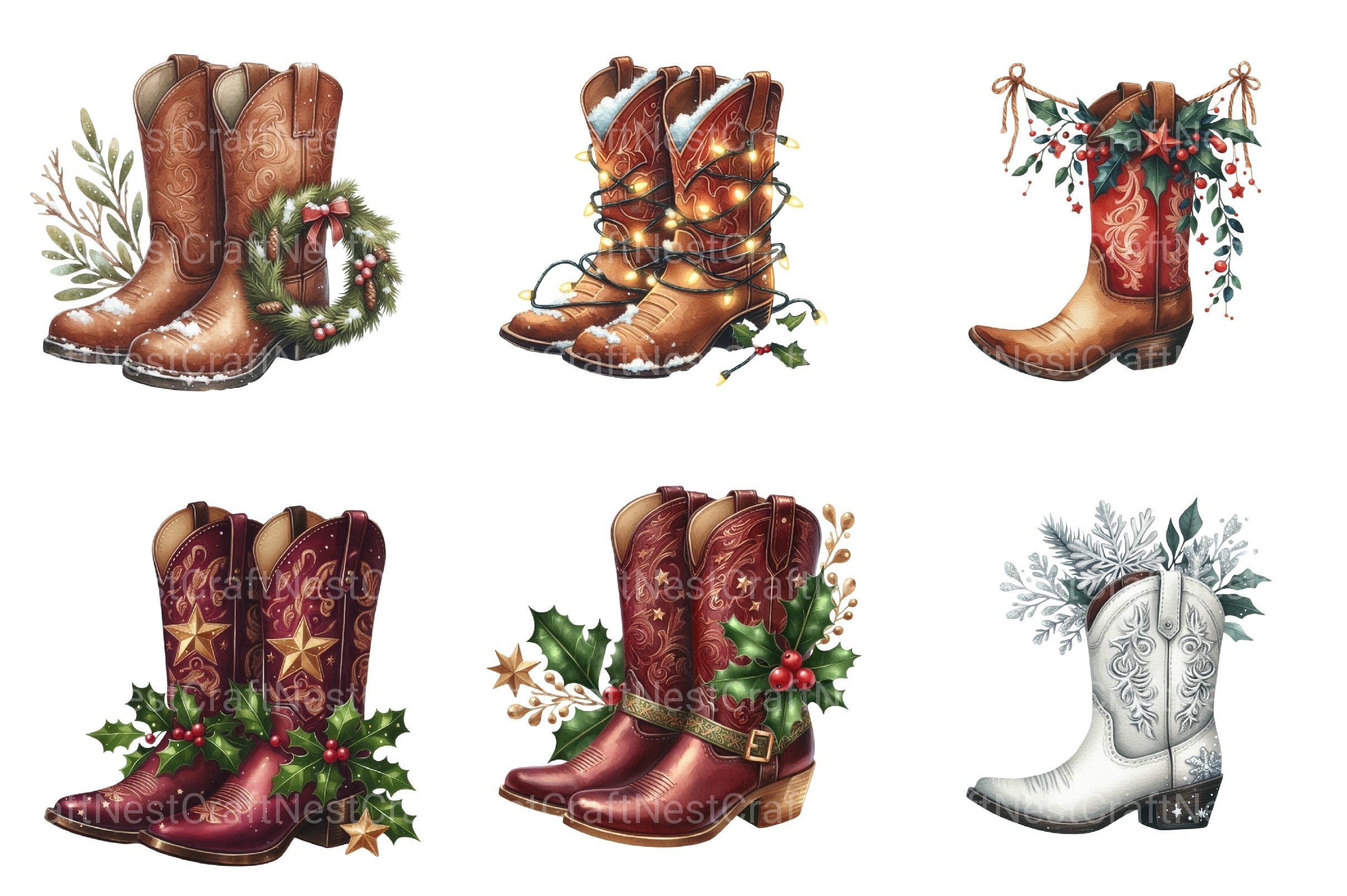 Festive Christmas Cowboy Boots Clipart Bundle - CraftNest - Digital Crafting and Art