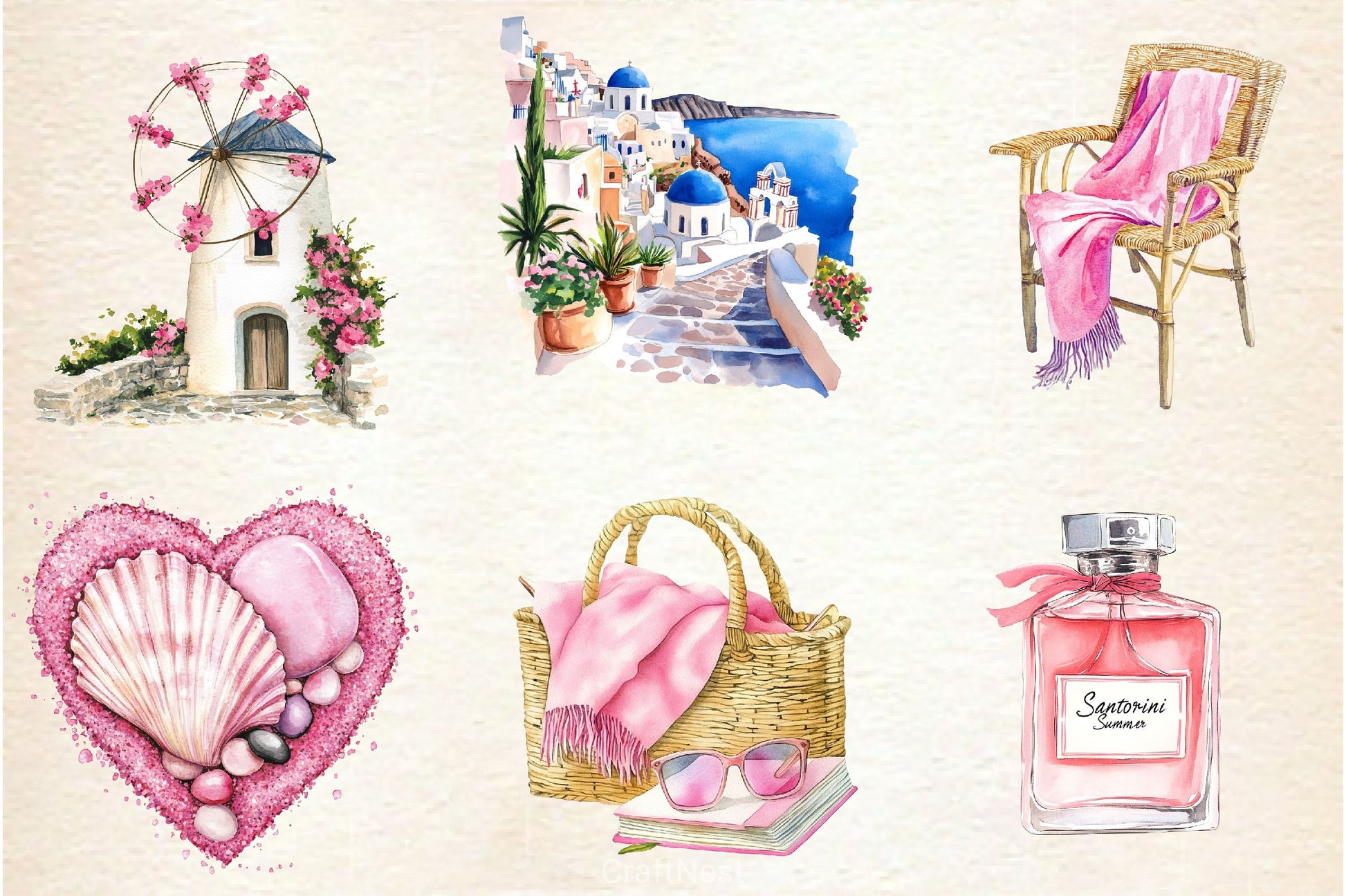 Pink Summer Santorini Travel Clipart Bundle 2 - CraftNest - Digital Crafting and Art