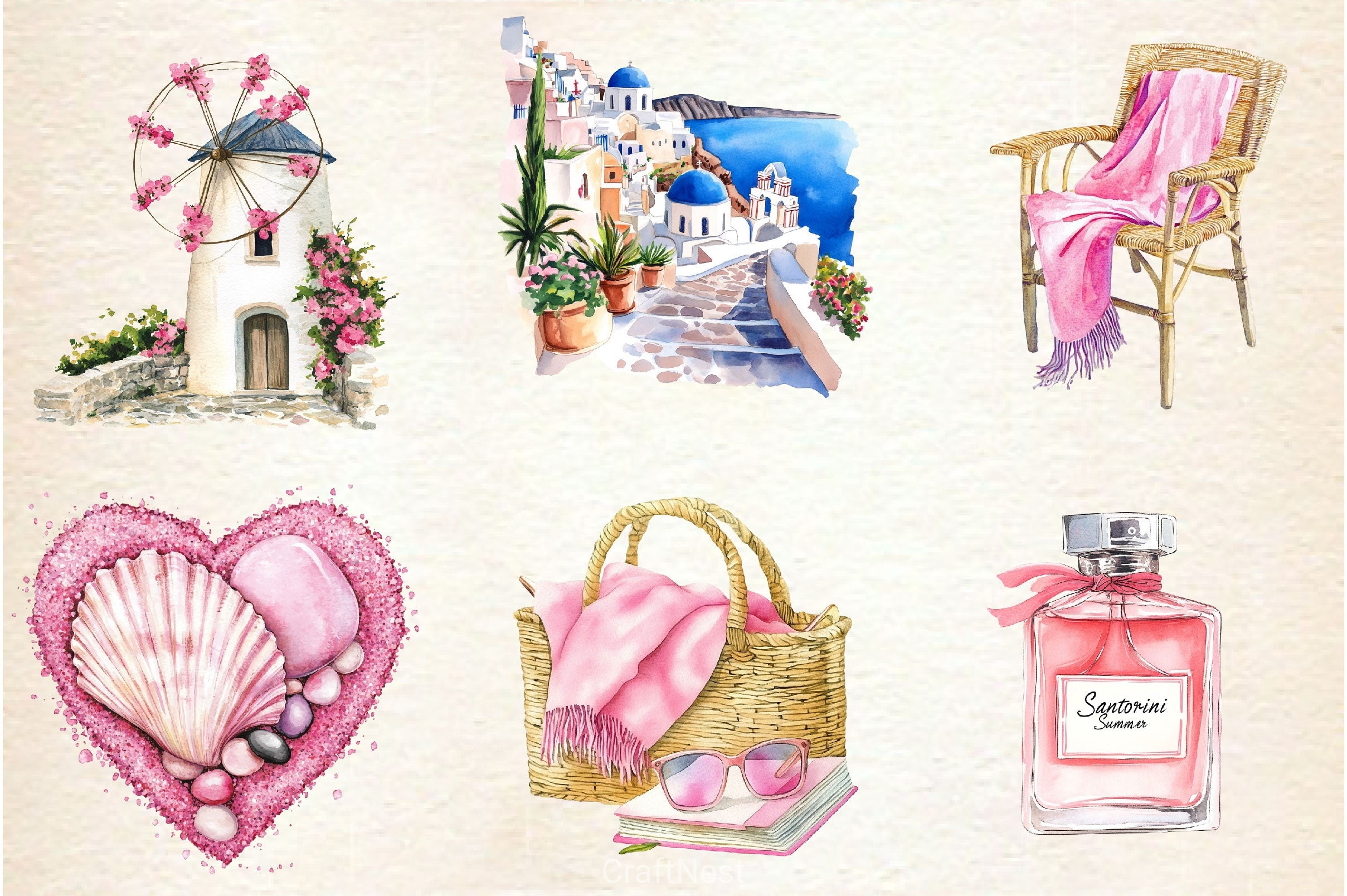 Pink Summer Santorini Travel Clipart Bundle 2 - CraftNest - Digital Crafting and Art