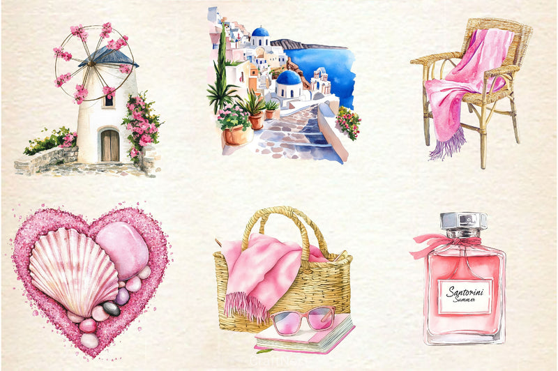Pink Summer Santorini Travel Clipart Bundle 2 - CraftNest - Digital Crafting and Art