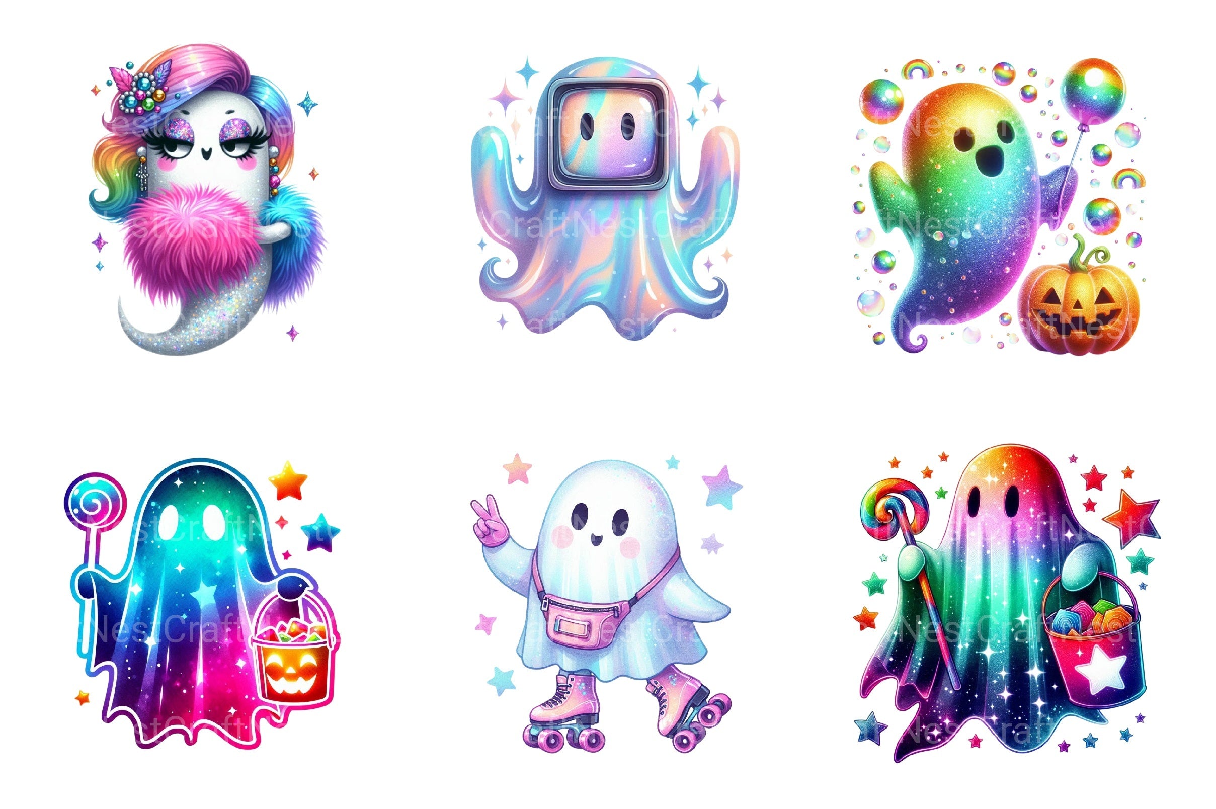 Retro Halloween Iridescent Ghost Clipart Bundle - CraftNest - Digital Crafting and Art