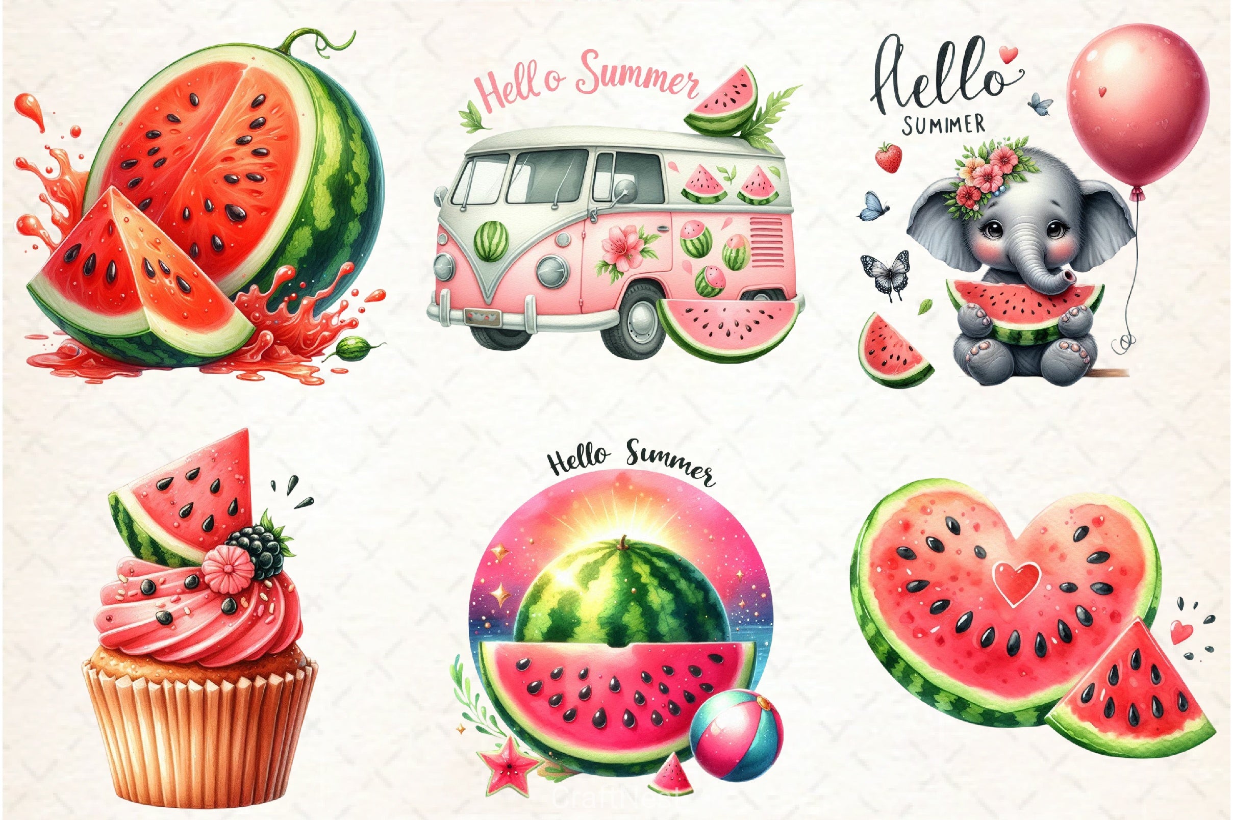 Hello Summer Watermelon Clipart Bundle - CraftNest - Digital Crafting and Art