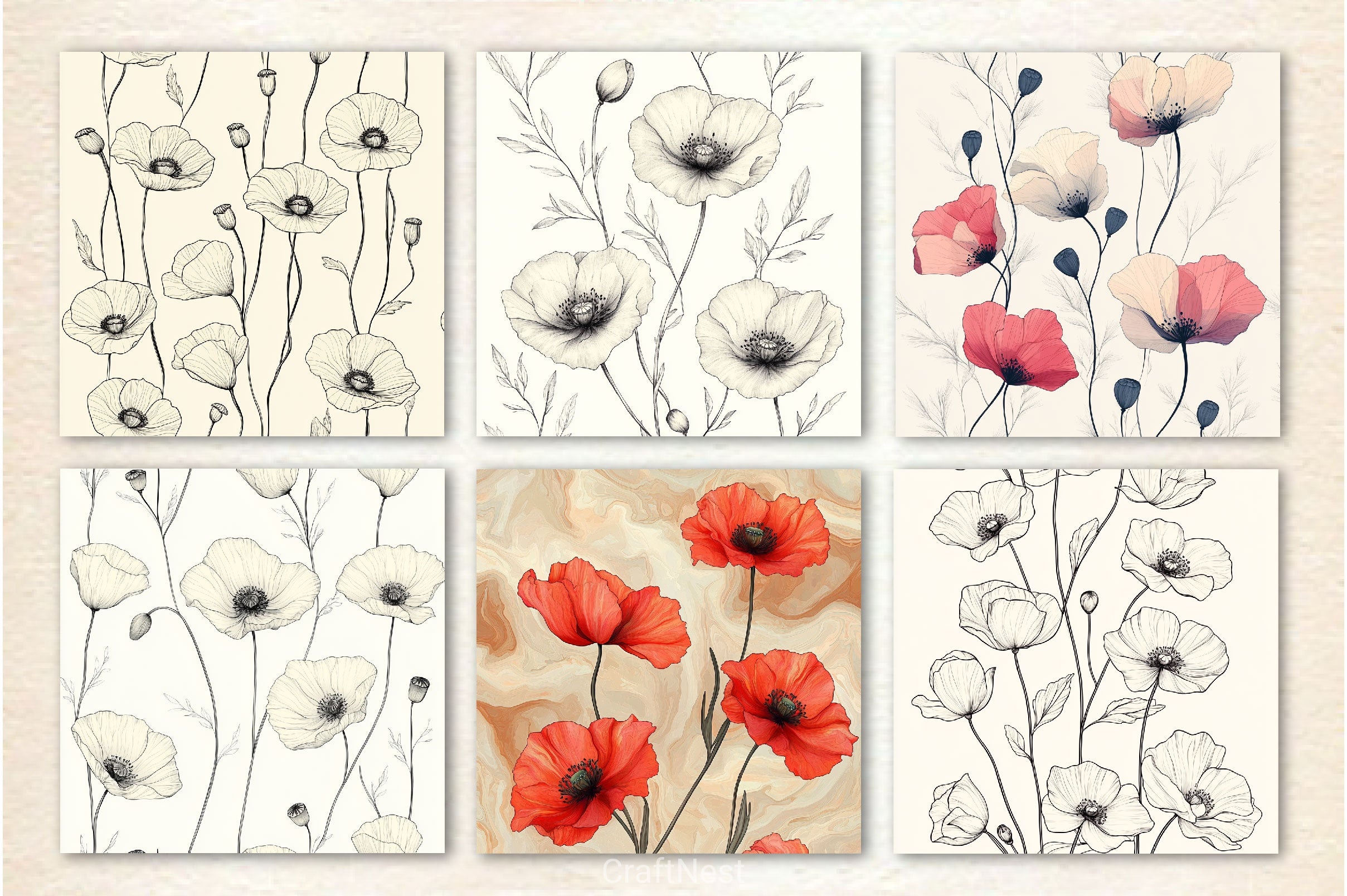 Seamless Boho Line Art Floral Background - CraftNest - Digital Crafting and Art