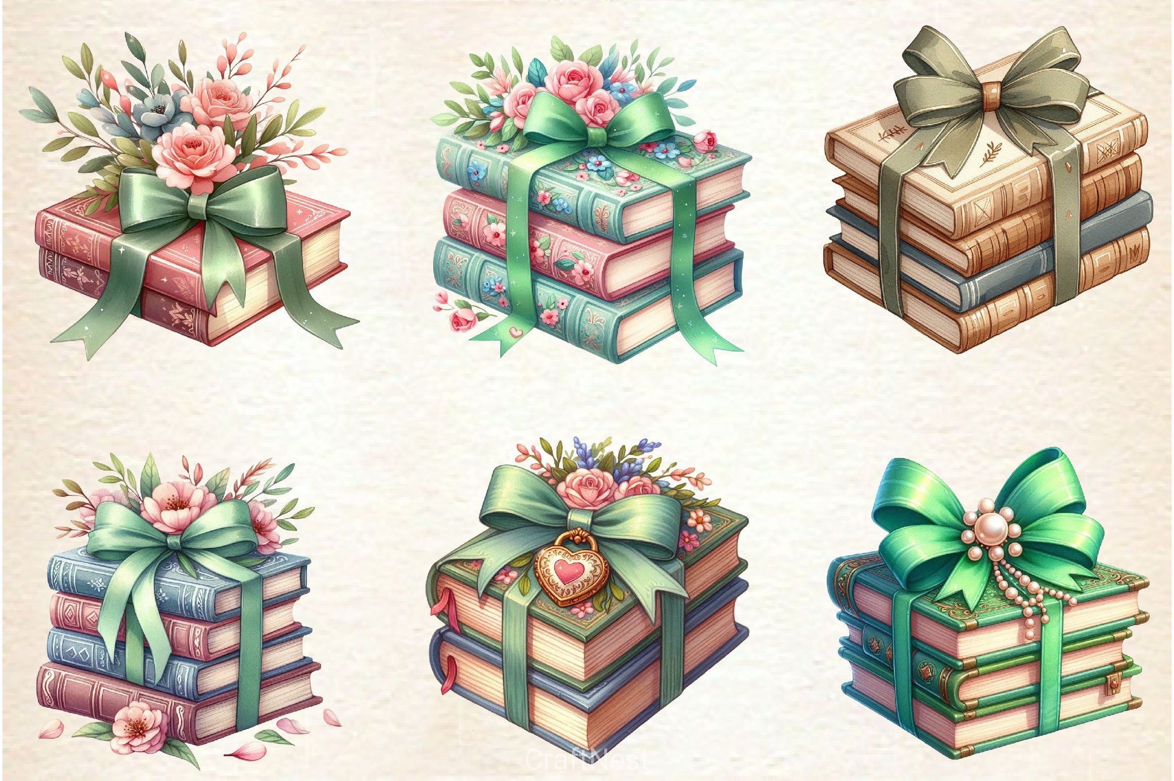 Sage Coquette Bow Book Stack Clipart Bundle - CraftNest - Digital Crafting and Art