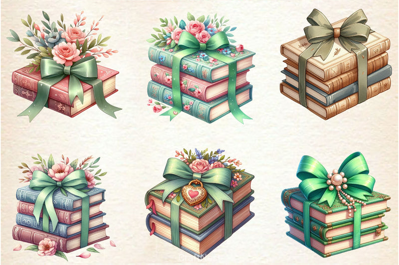 Sage Coquette Bow Book Stack Clipart Bundle - CraftNest - Digital Crafting and Art