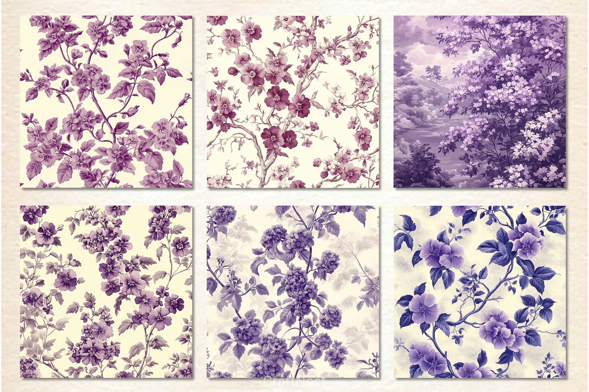 Purple Toile Creeping Phlox Flower Digital Papers - CraftNest - Digital Crafting and Art