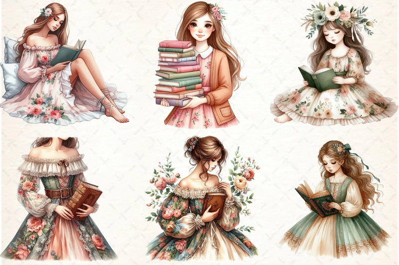 Floral Dress Girl Reading Clipart Bundle - CraftNest - Digital Crafting and Art