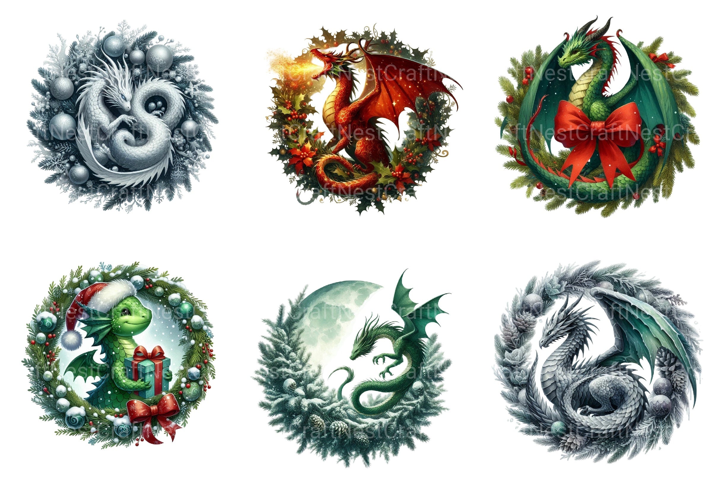 Christmas Dragons Holiday Wreath Clipart Bundle - CraftNest - Digital Crafting and Art