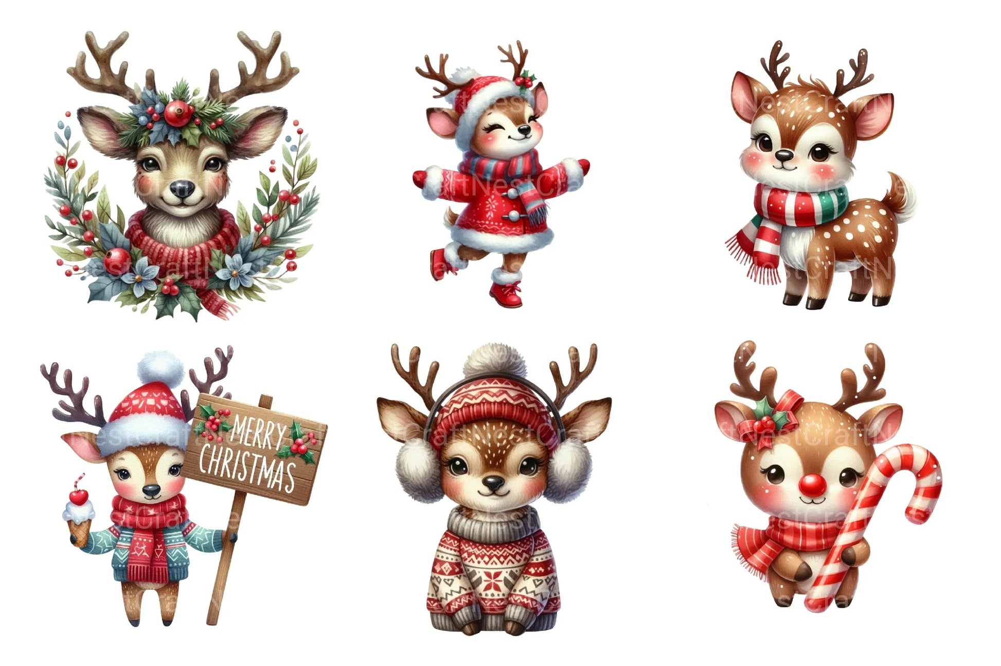 Cute Christmas Reindeer Clipart Bundle 2 - CraftNest - Digital Crafting and Art