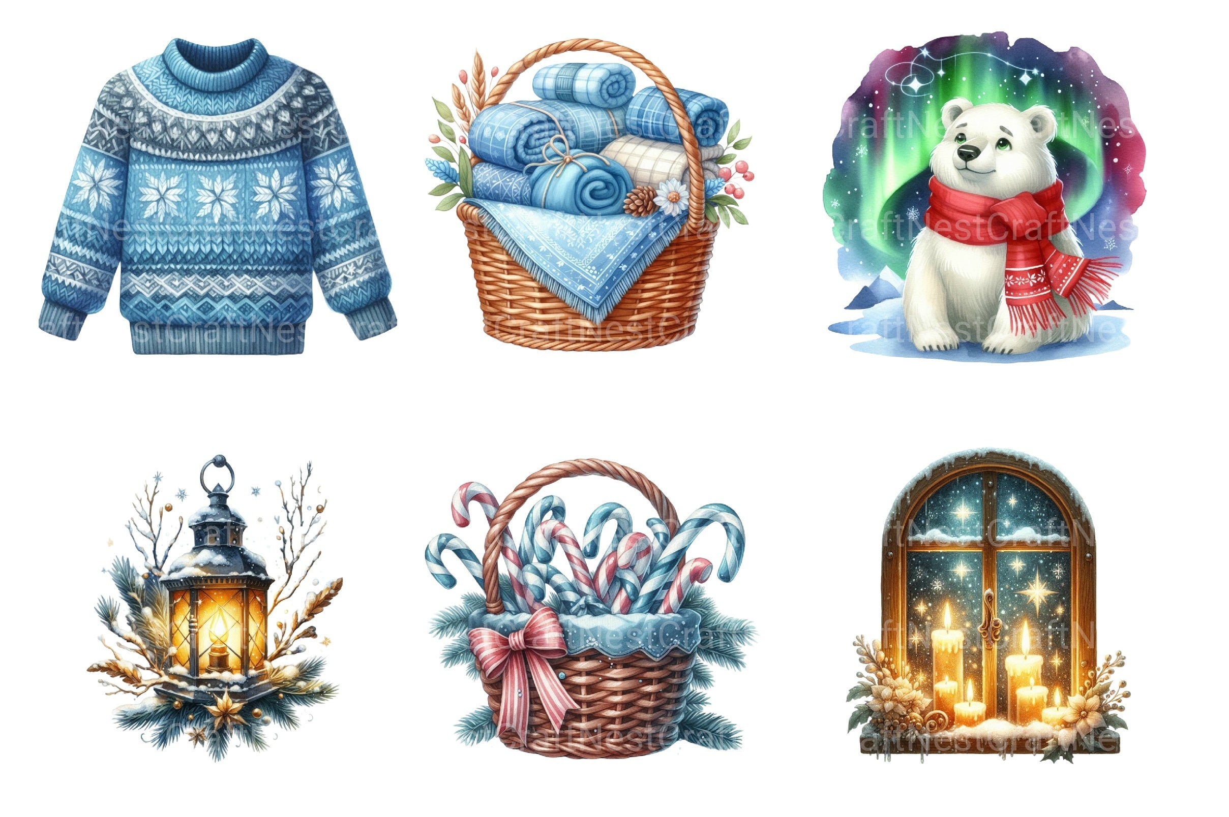 Winter Cozy Blue Designs: Snowman, Cabin, Gnome, Christmas Tree Clipart Bundle - CraftNest - Digital Crafting and Art