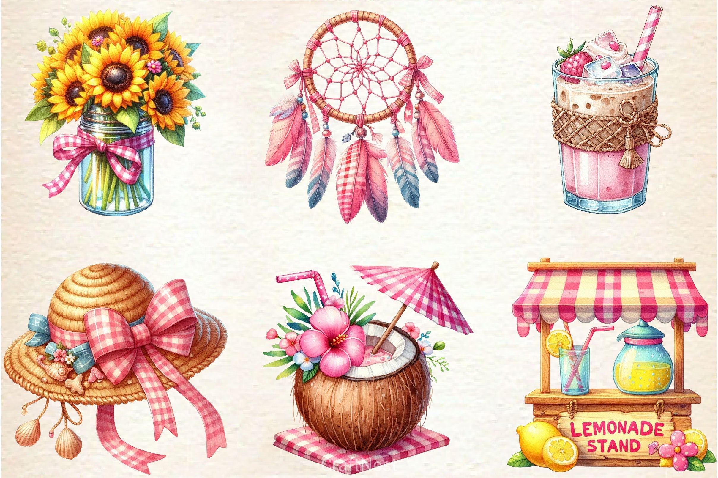 Bohemian Pink Gingham Summer Clipart Bundle 2 - CraftNest - Digital Crafting and Art
