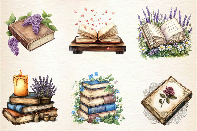 Old Books With Floral Clipart Bundle - CraftNest - Digital Crafting and Art