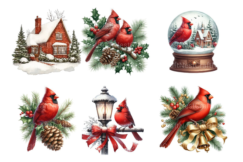 Christmas Red Cardinal Festive Bird Clipart Bundle - Digital Download - CraftNest - Digital Crafting and Art