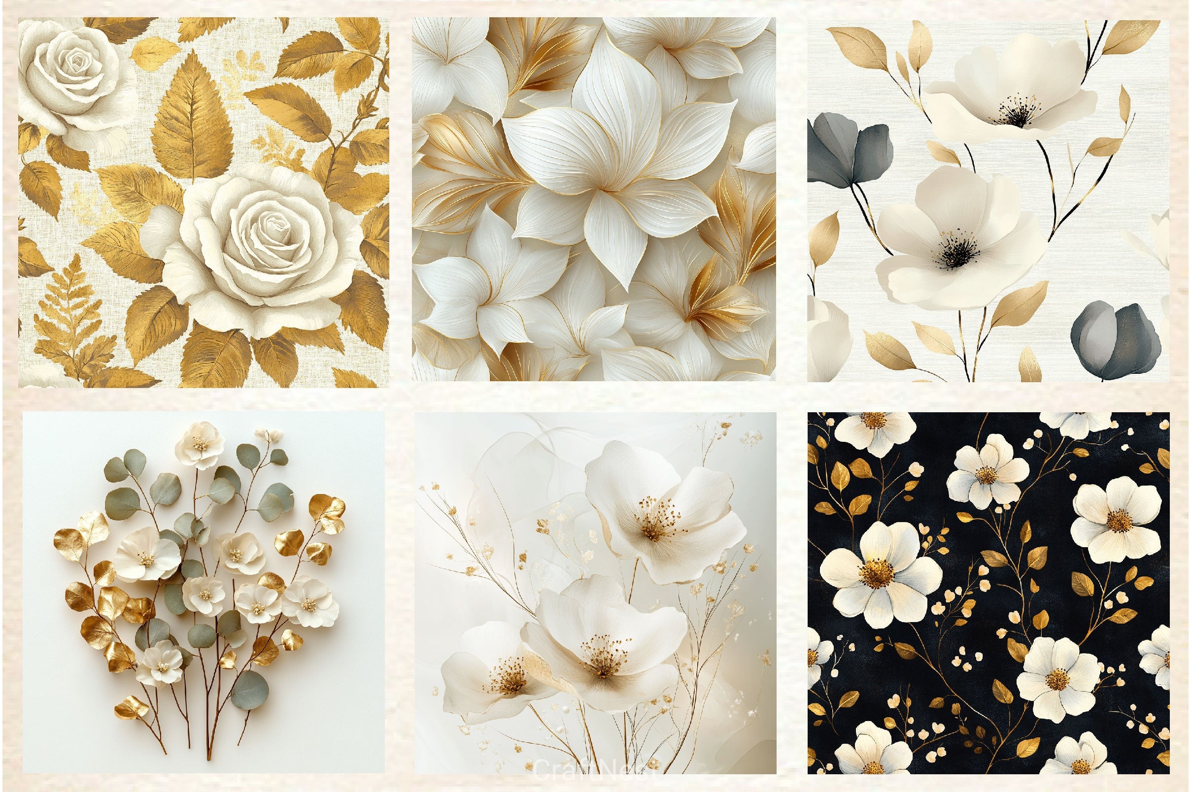 White Gold Boho Floral Leaves Background Clipart Bundle - CraftNest - Digital Crafting and Art