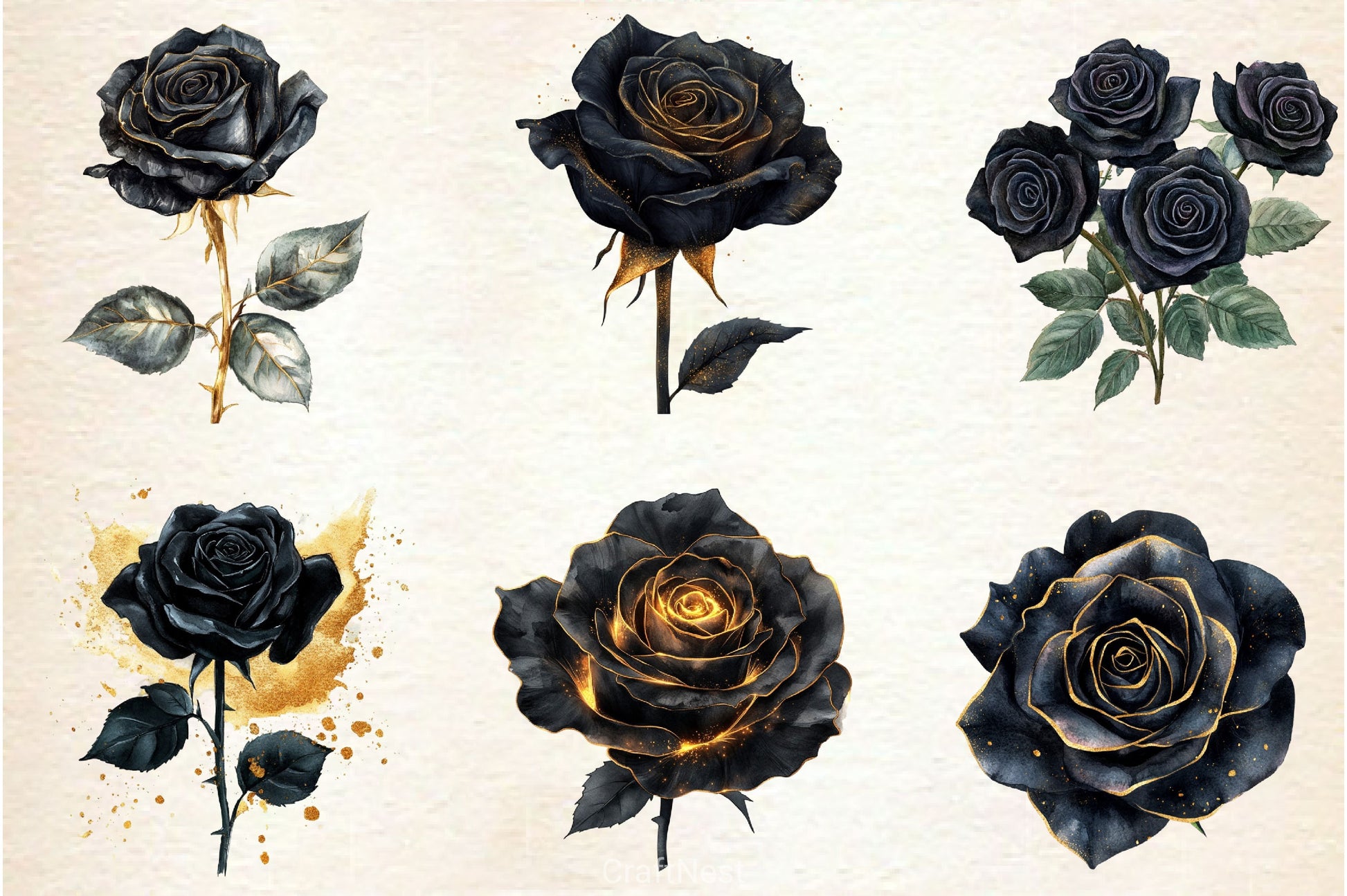 Black And Gold Glam Roses Clipart Bundle - CraftNest - Digital Crafting and Art
