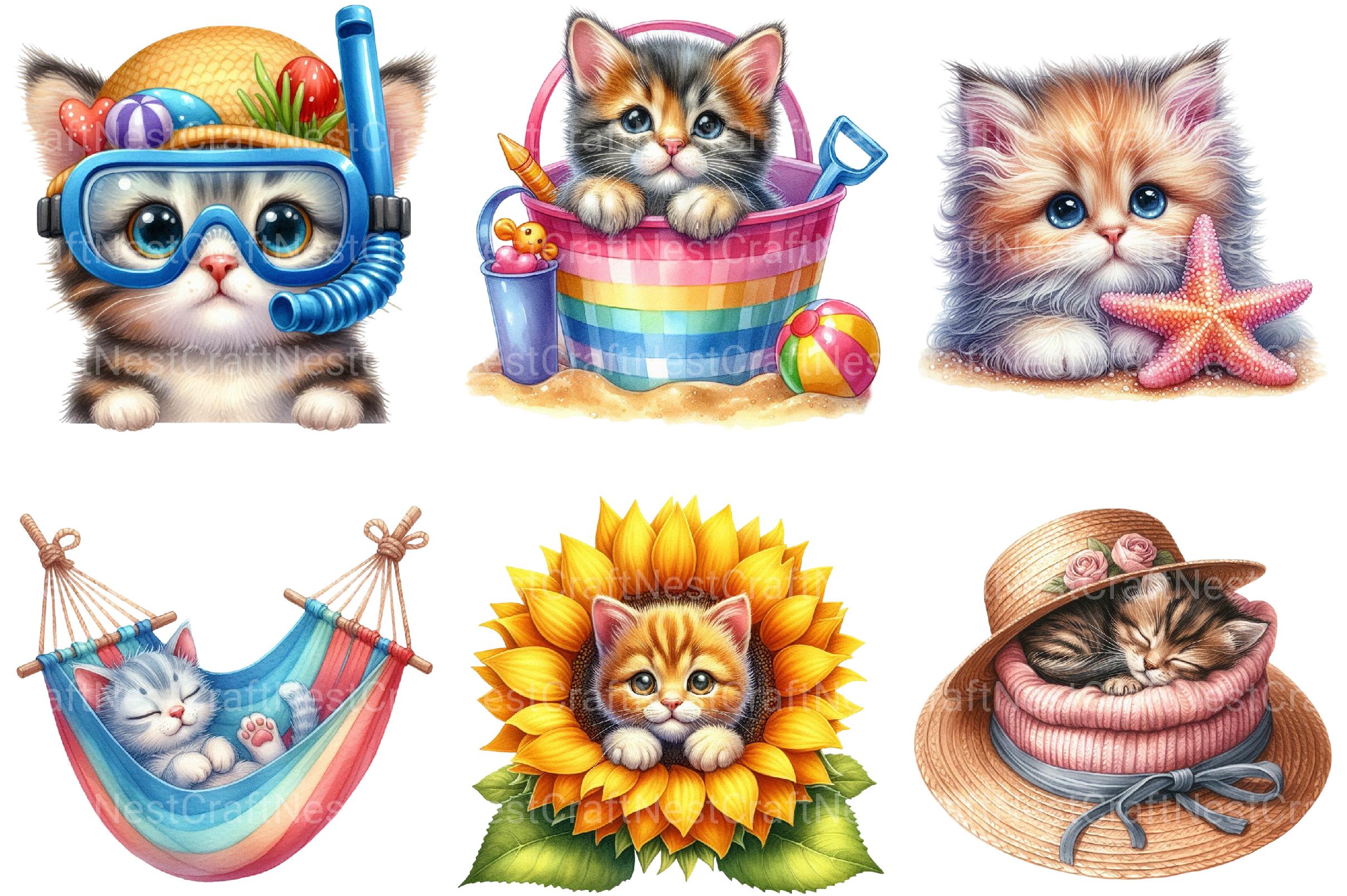 Cute Summer Kittens Clipart Bundle - CraftNest - Digital Crafting and Art