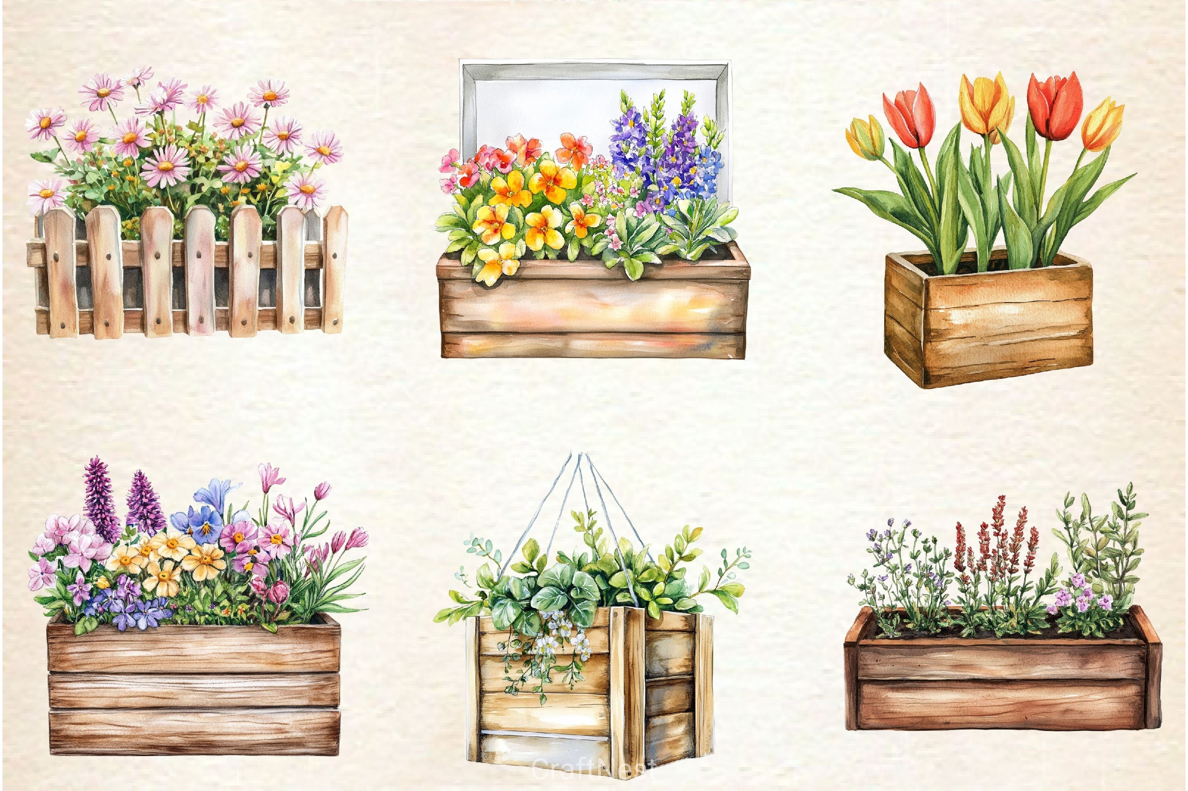 Spring Wooden Planters Box Clipart Bundle - CraftNest - Digital Crafting and Art