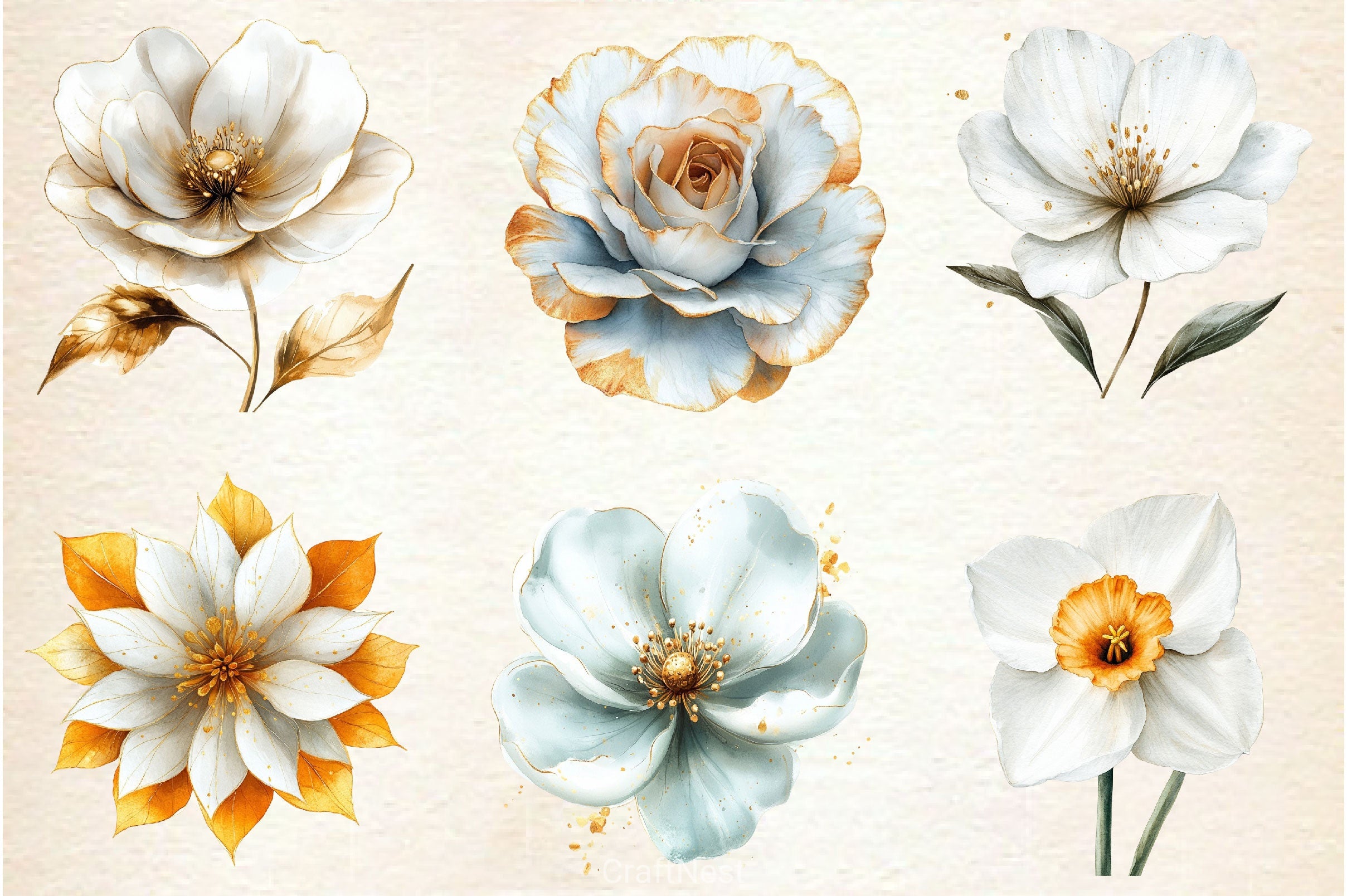 White And Gold Abstract Flower Clipart Bundle - CraftNest - Digital Crafting and Art