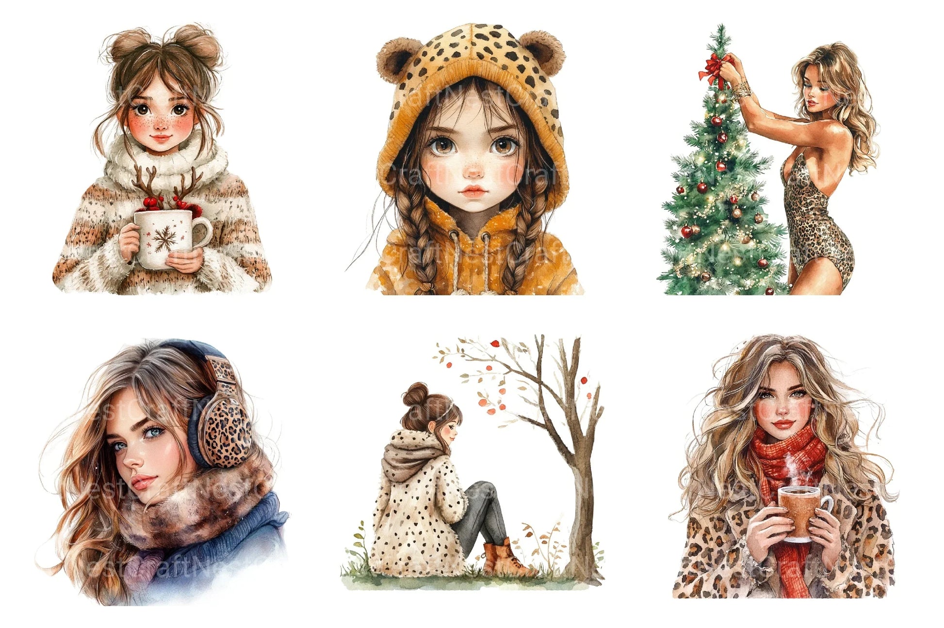 Leopard Girls Christmas Clipart Bundle - CraftNest - Digital Crafting and Art
