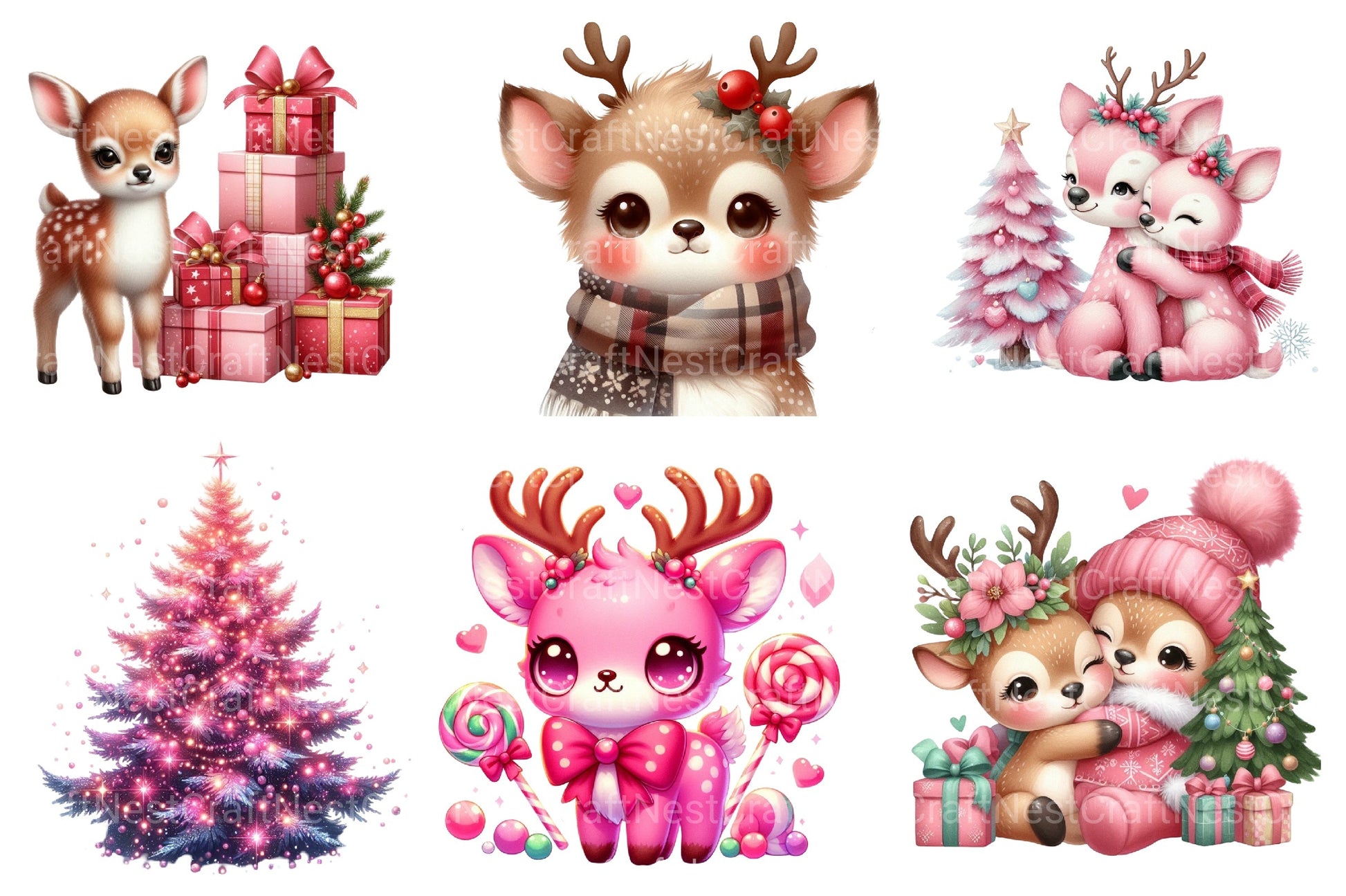 Cute Pink Reindeer & Santa Funny Christmas Clipart Bundle - CraftNest - Digital Crafting and Art
