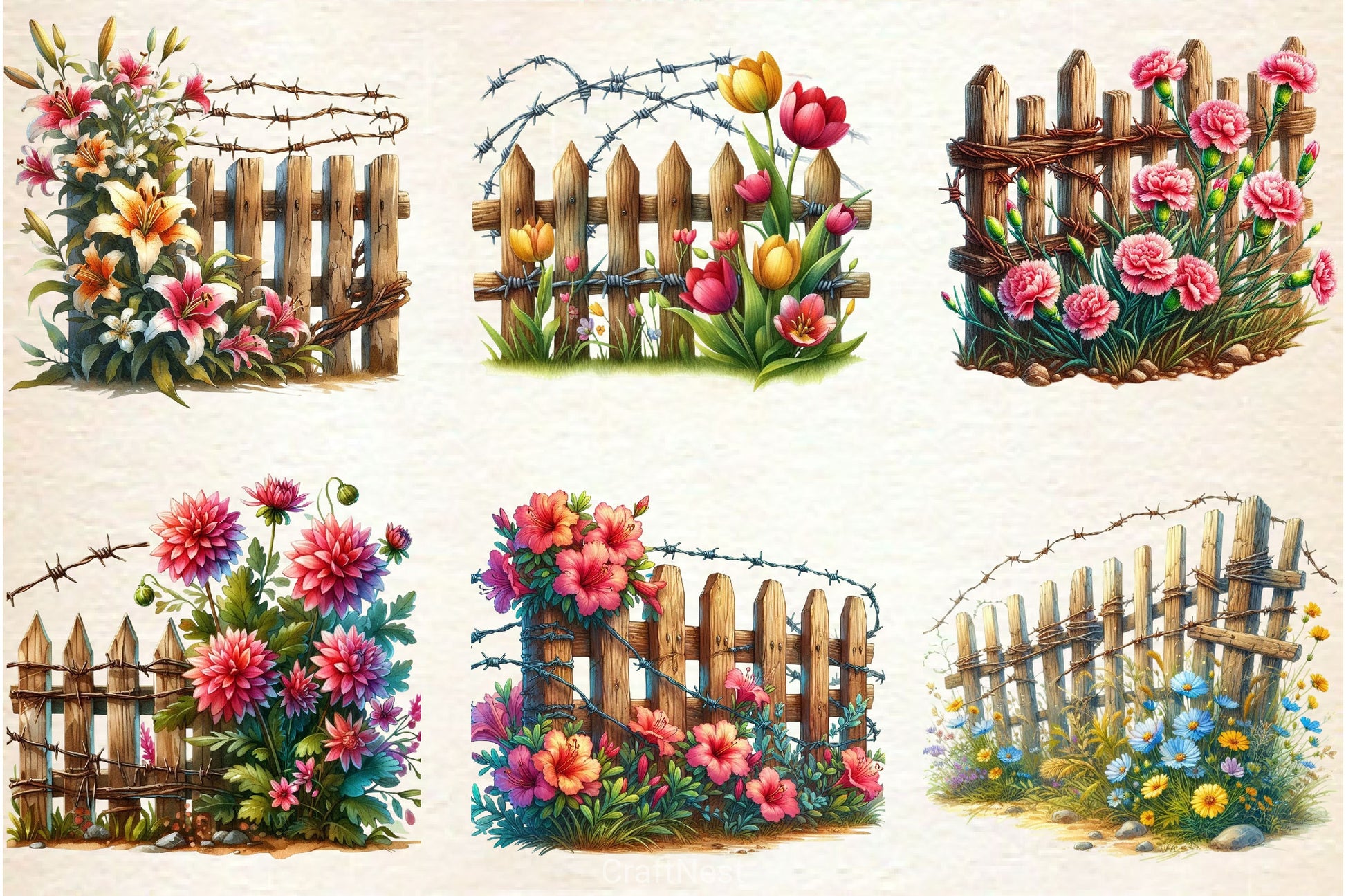 Rustic Fence With Flowers Clipart Bundle - CraftNest - Digital Crafting and Art