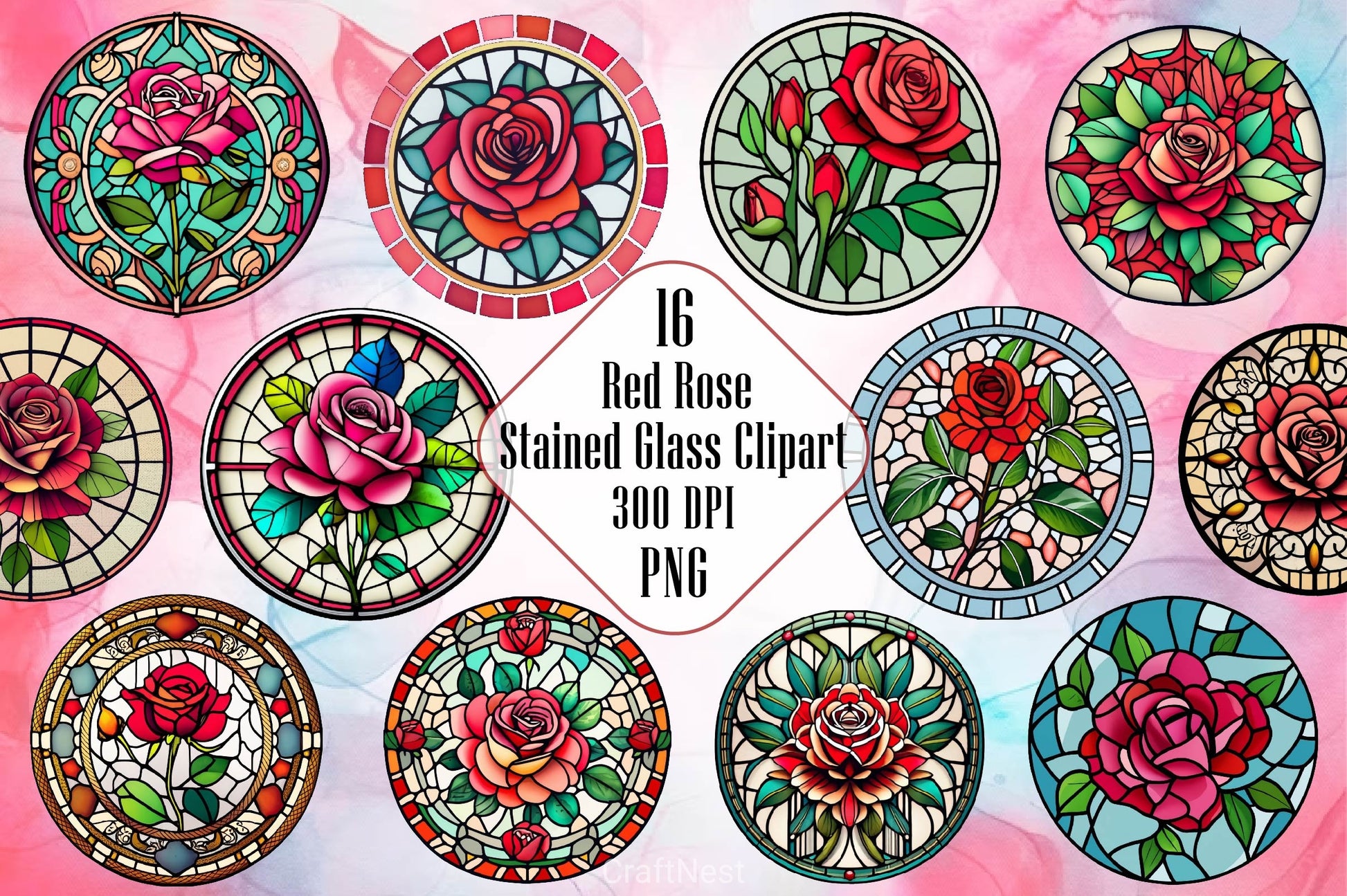 Red Rose Stained Glass Windows Clipart Bundle - CraftNest - Digital Crafting and Art