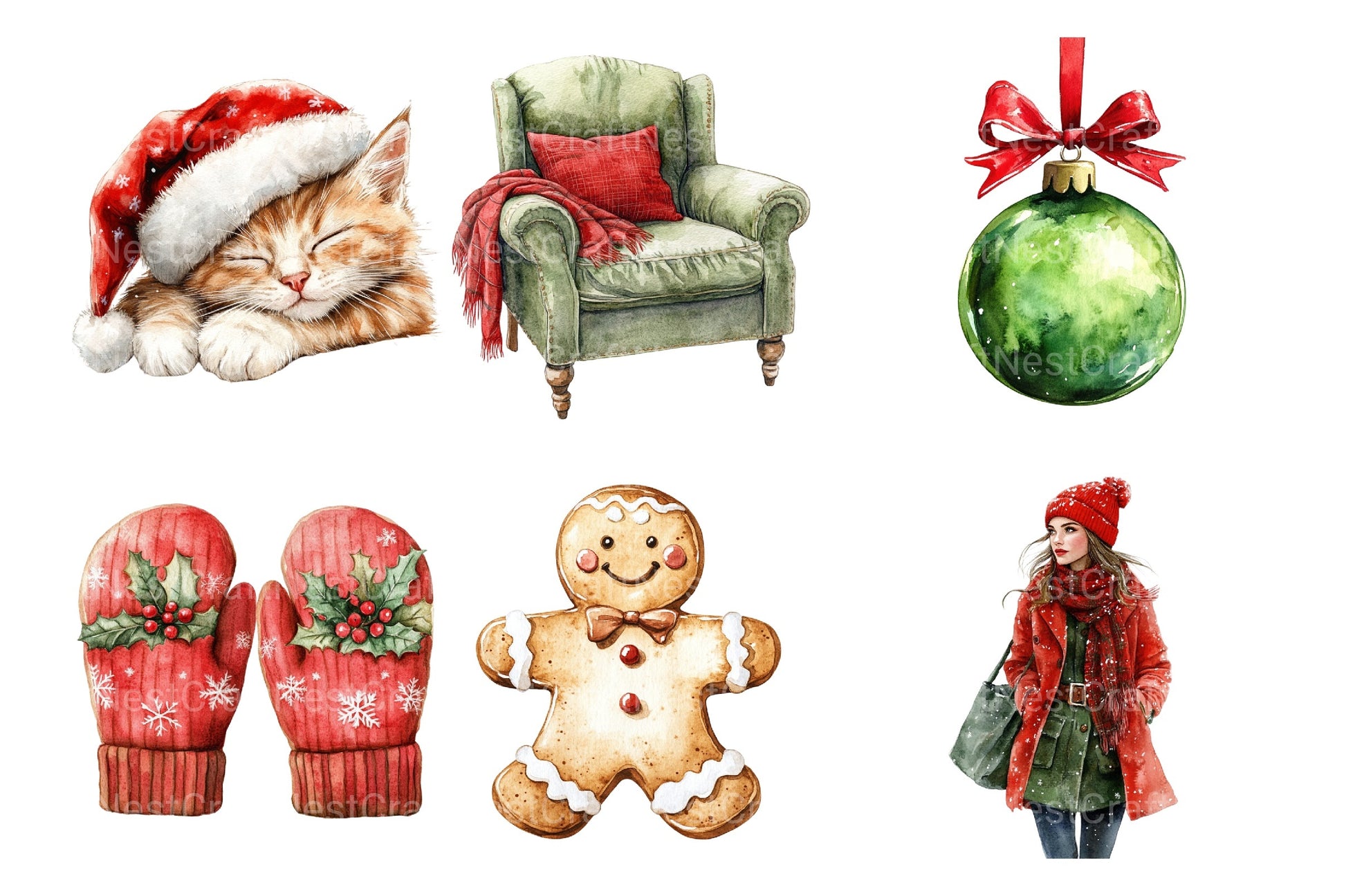 Classic Christmas Holiday Art: Red & Green Xmas Cozy Winter Stickers Bundle - CraftNest - Digital Crafting and Art