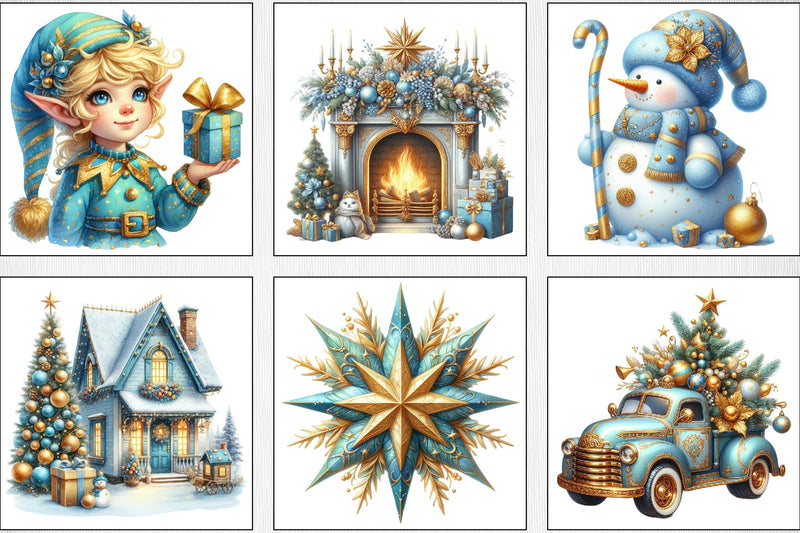 Light Blue & Gold Christmas Clipart Bundle - CraftNest - Digital Crafting and Art