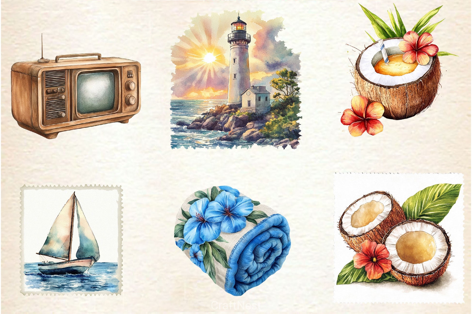 Vintage Summer Beach Clipart Bundle 4 - CraftNest - Digital Crafting and Art