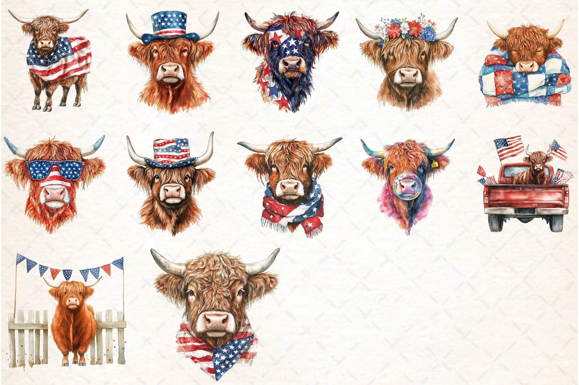 Patriotic Highland Cow Clipart Bundle 3 - CraftNest - Digital Crafting and Art