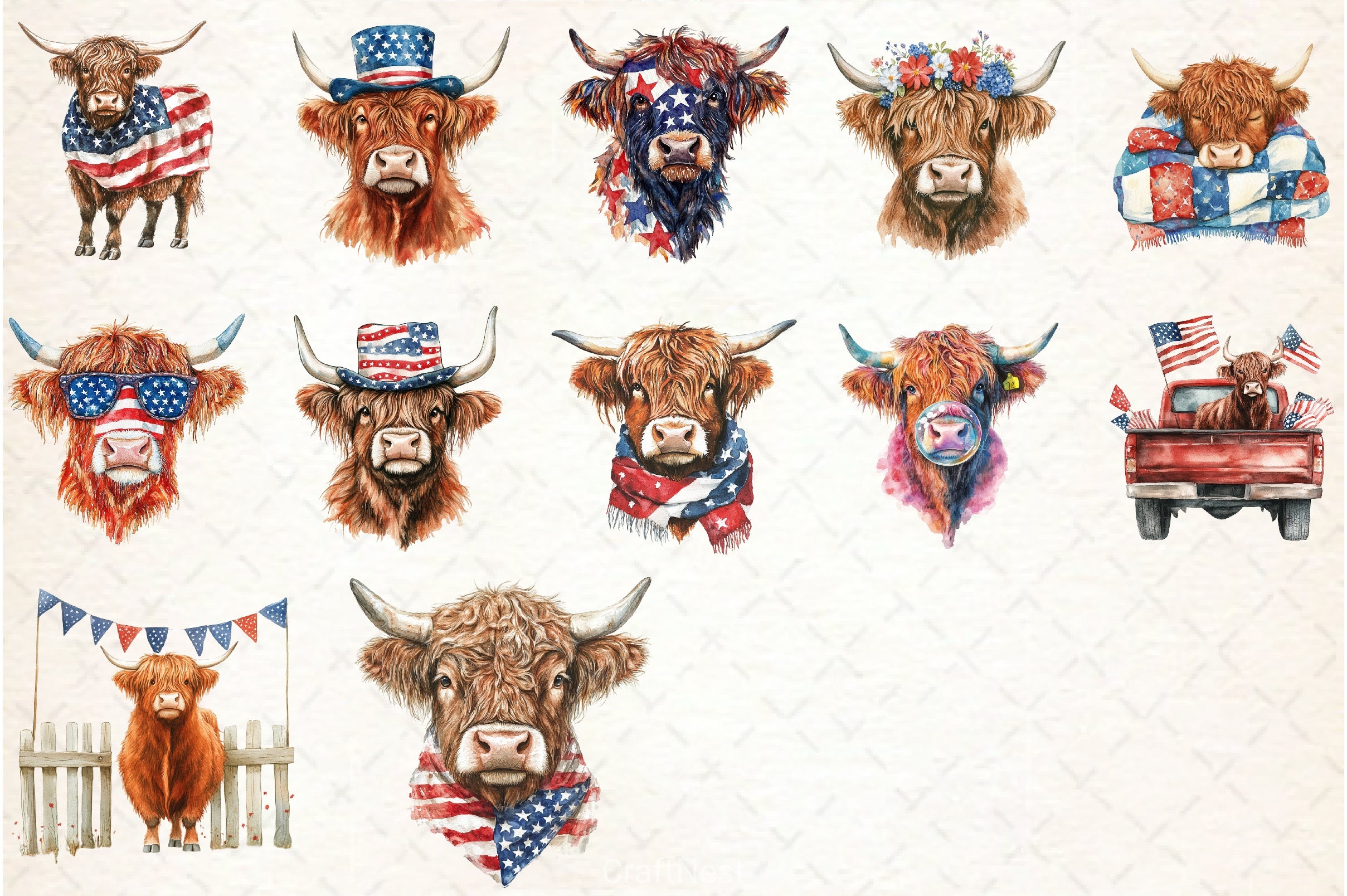 Patriotic Highland Cow Clipart Bundle 3 - CraftNest - Digital Crafting and Art