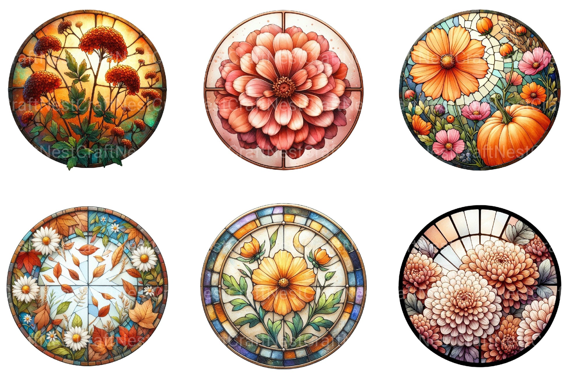 Round Stained Glass Fall Flower Clipart Bundle - CraftNest - Digital Crafting and Art