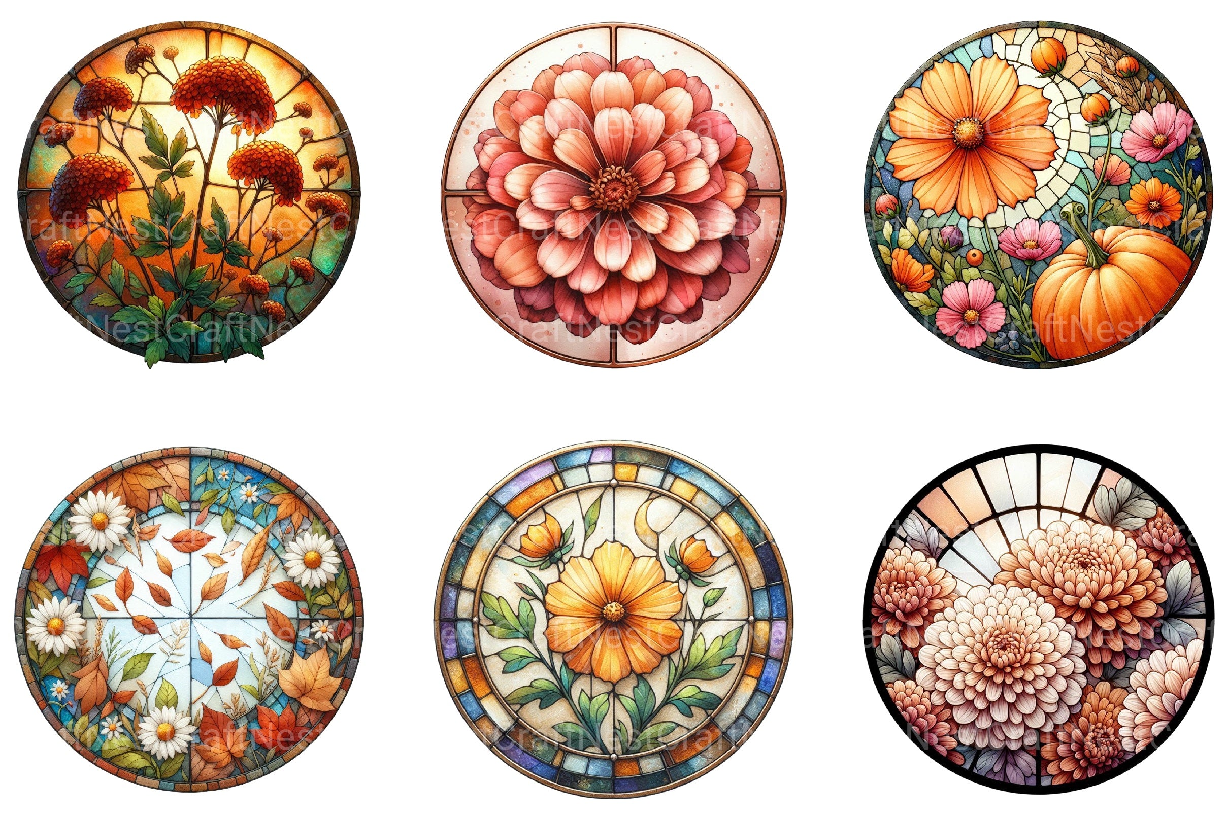 Round Stained Glass Fall Flower Clipart Bundle - CraftNest - Digital Crafting and Art
