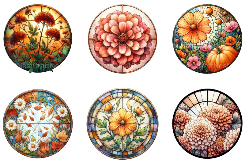 Round Stained Glass Fall Flower Clipart Bundle - CraftNest - Digital Crafting and Art
