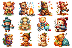 Cute Bear Character In Autumn Season Clipart Bundle - CraftNest - Digital Crafting and Art